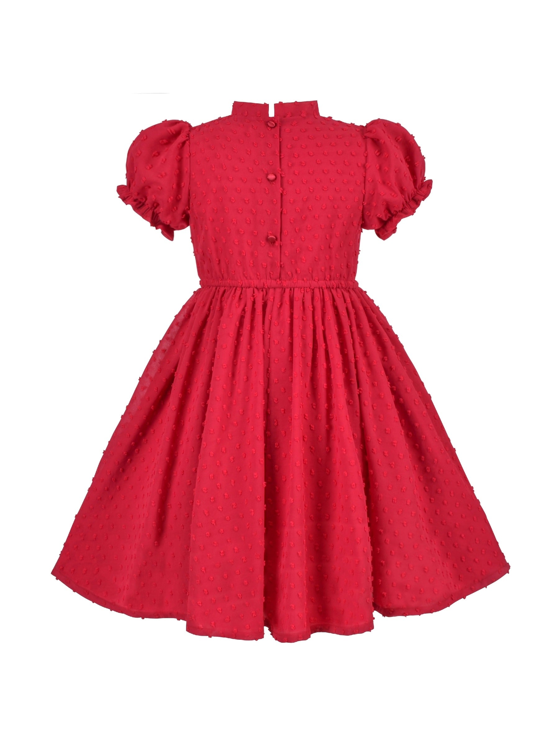 Girls Dress Red Chiffon Swiss Dot Stand Collar Ruffle Puff Short Sleeve Red