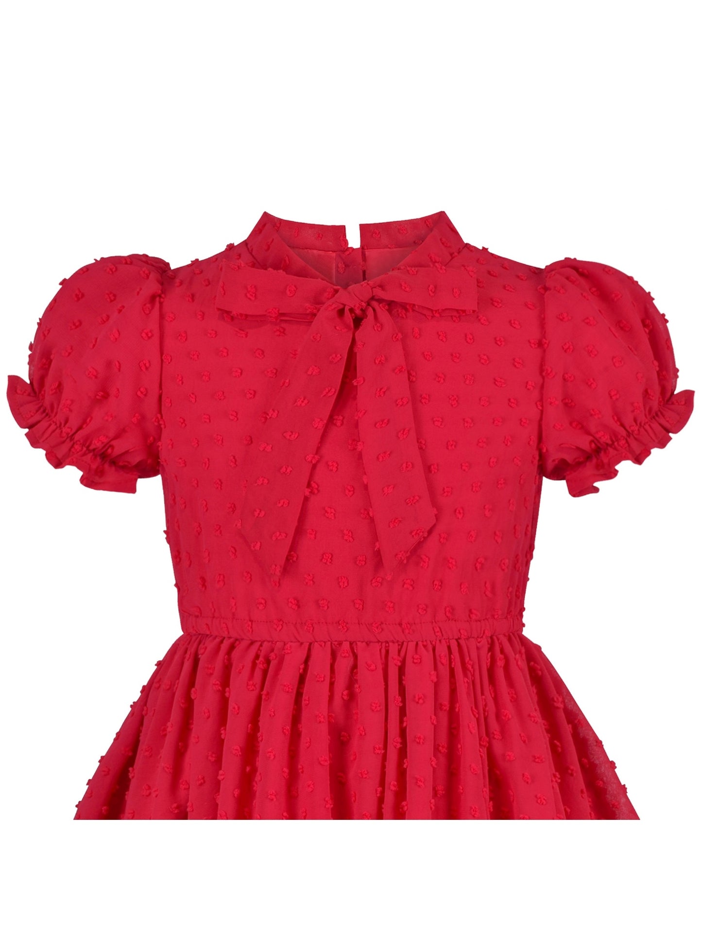 Girls Dress Red Chiffon Swiss Dot Stand Collar Ruffle Puff Short Sleeve Red