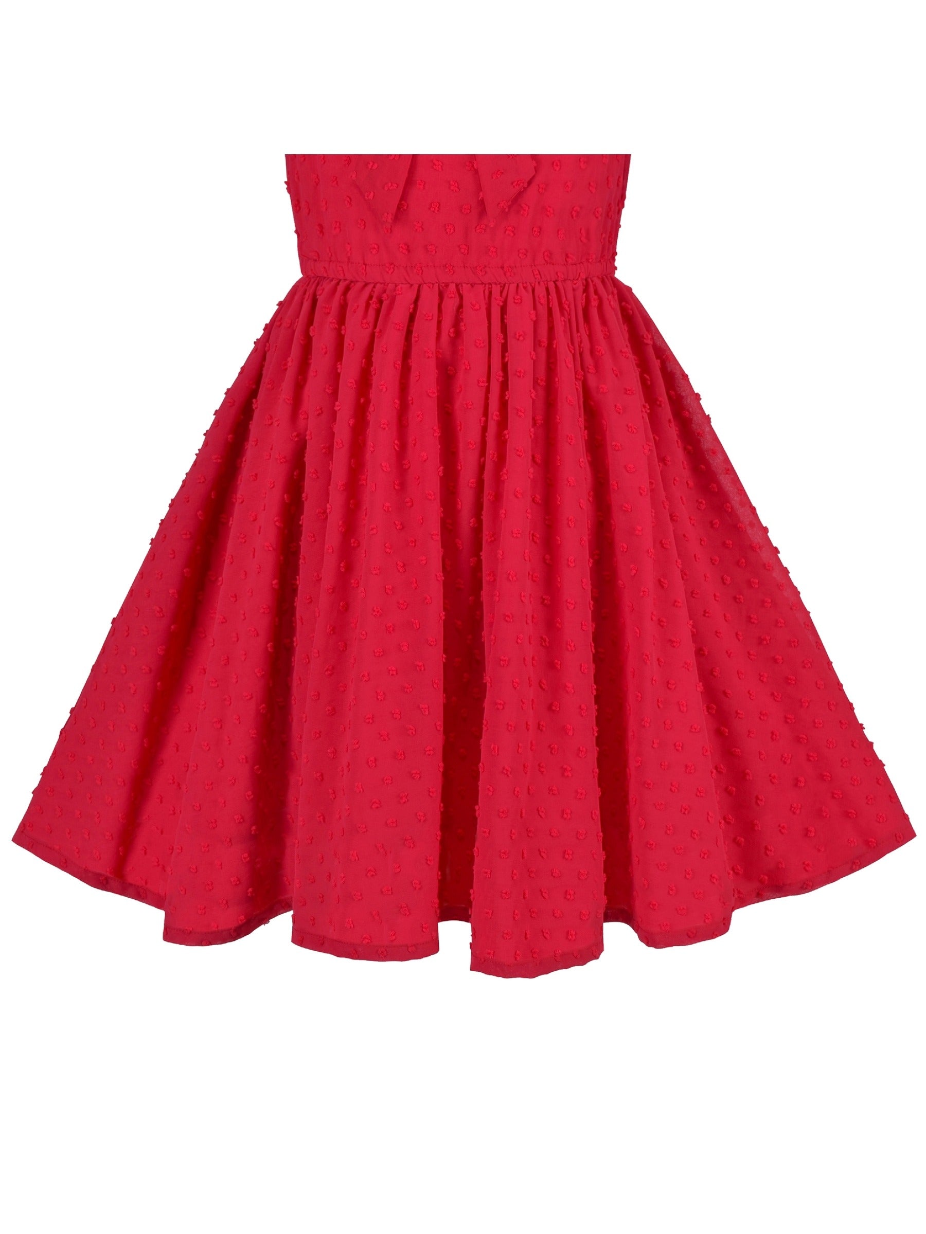 Girls Dress Red Chiffon Swiss Dot Stand Collar Ruffle Puff Short Sleeve Red