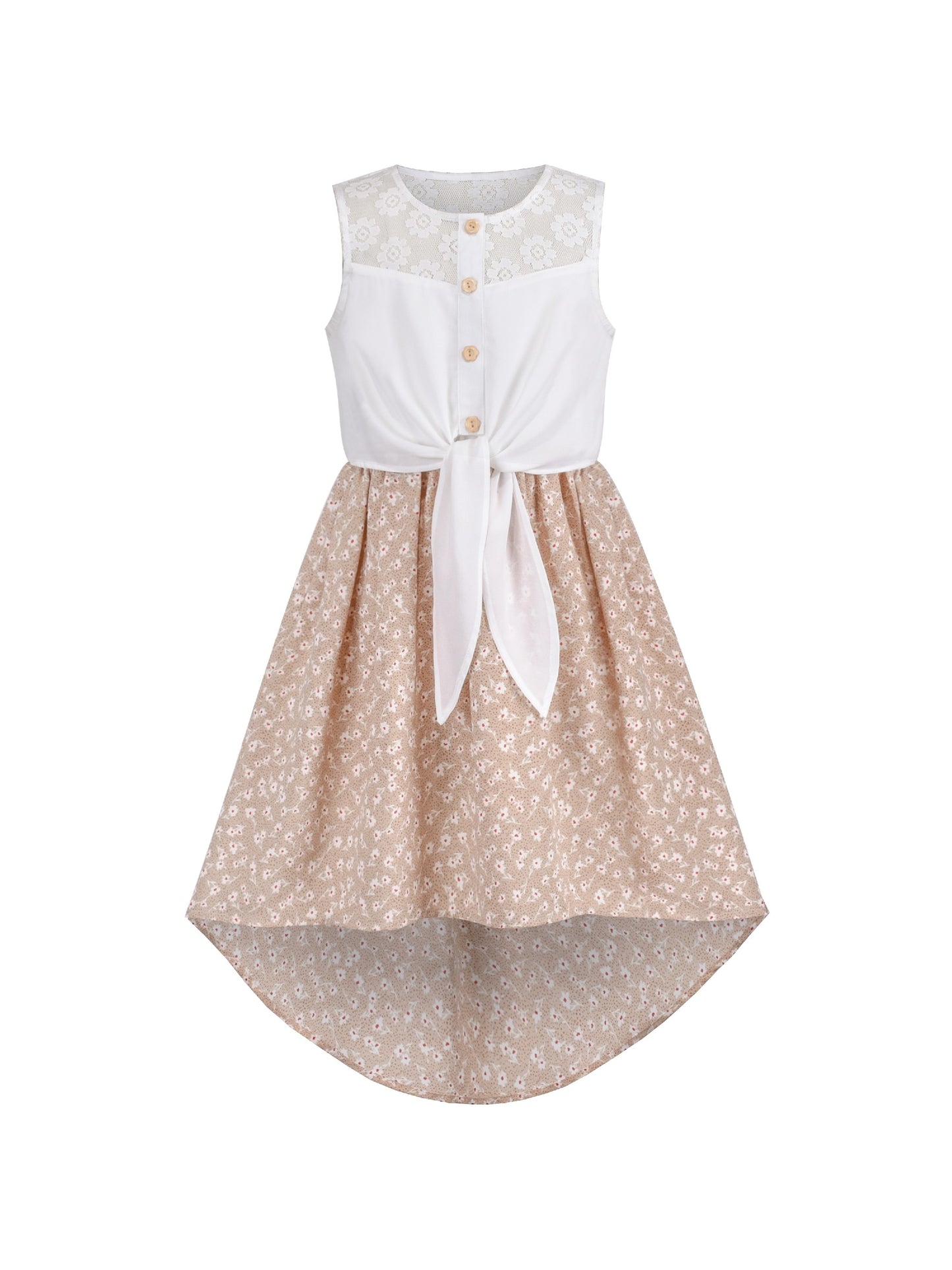 Girls Dress Lace to Chiffon Striped Black White Tied Waist Beige