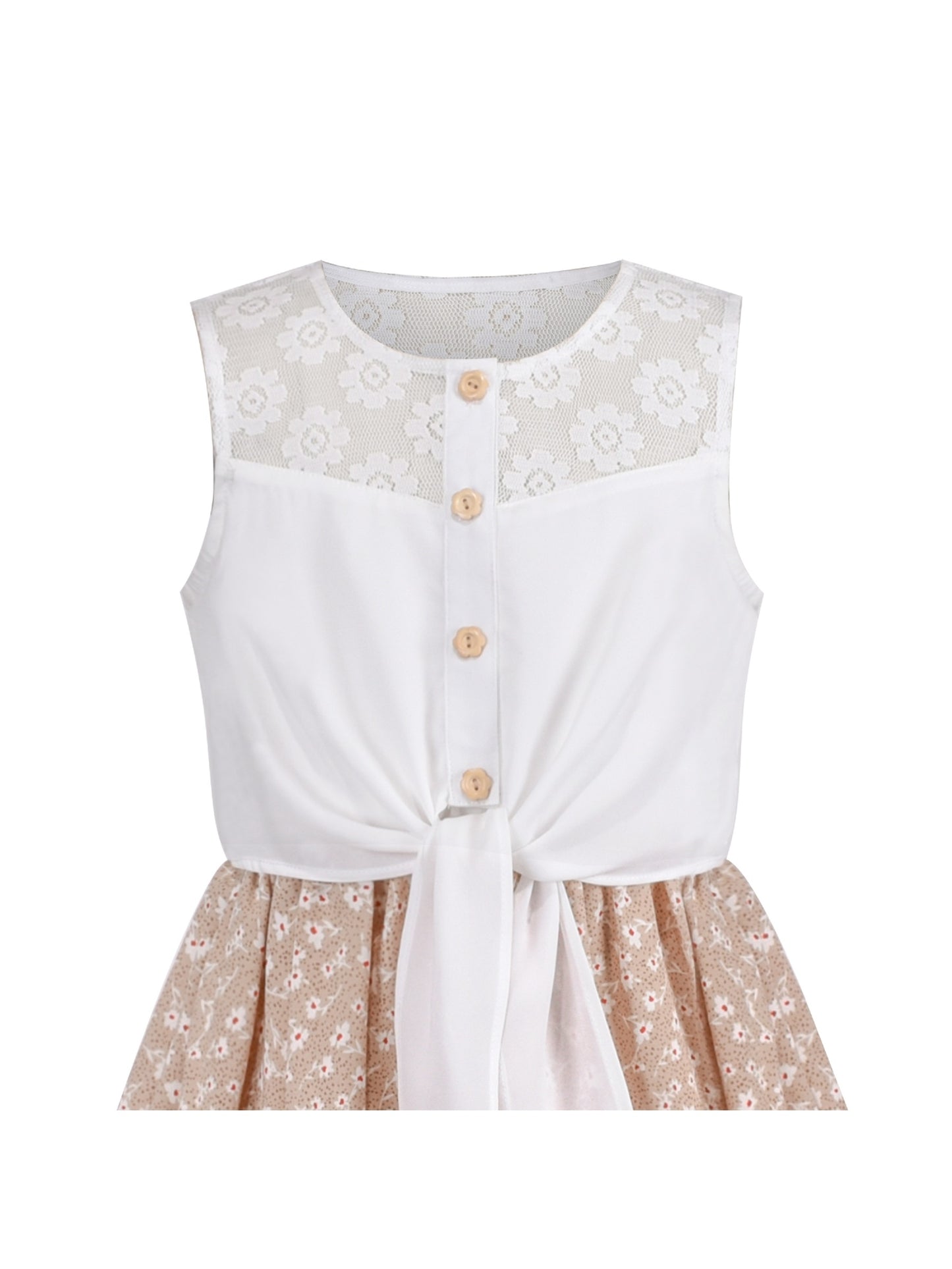 Girls Dress Lace to Chiffon Striped Black White Tied Waist Beige