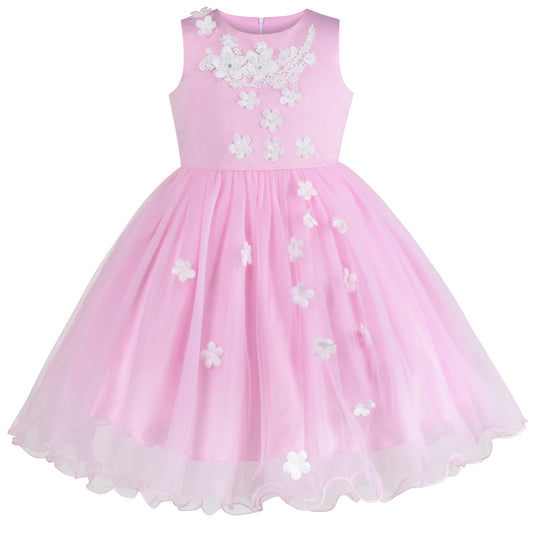 Flower Girls Dress White Wedding Pageant Bridesmaid Gown Pink