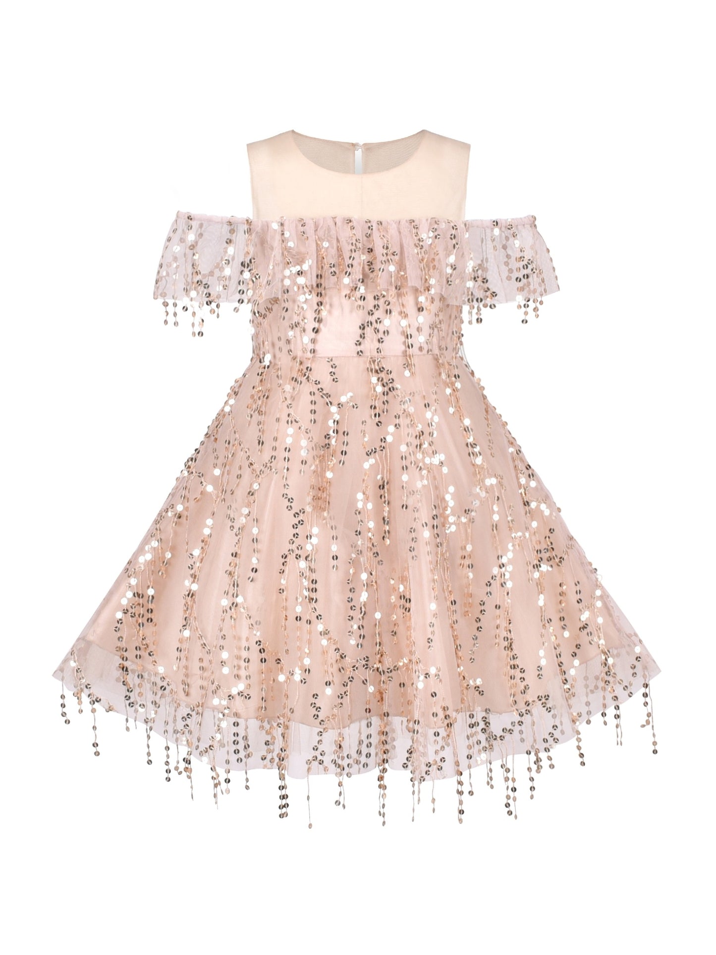 Girls Dress Cold Shoulder Sleeveless Lace Flower Ruffle Beige