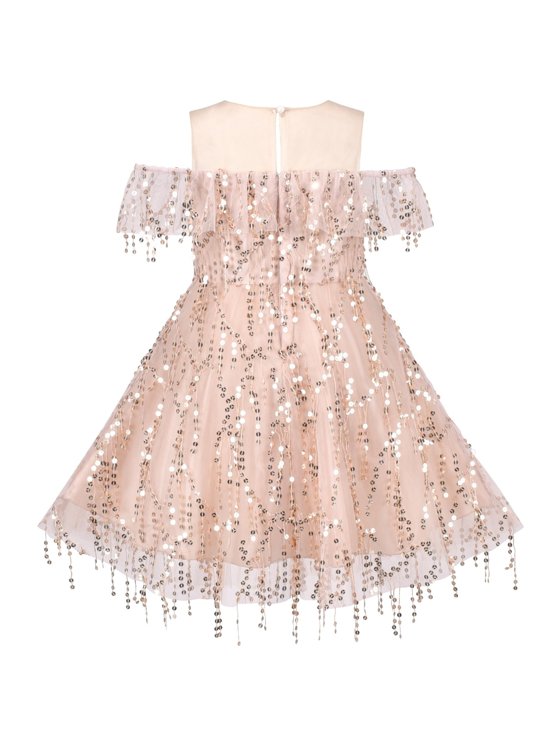 Girls Dress Cold Shoulder Sleeveless Lace Flower Ruffle Beige