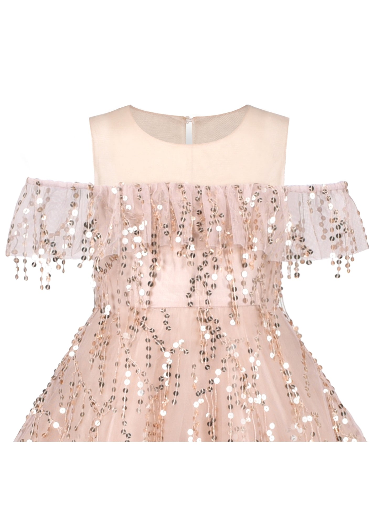 Girls Dress Cold Shoulder Sleeveless Lace Flower Ruffle Beige