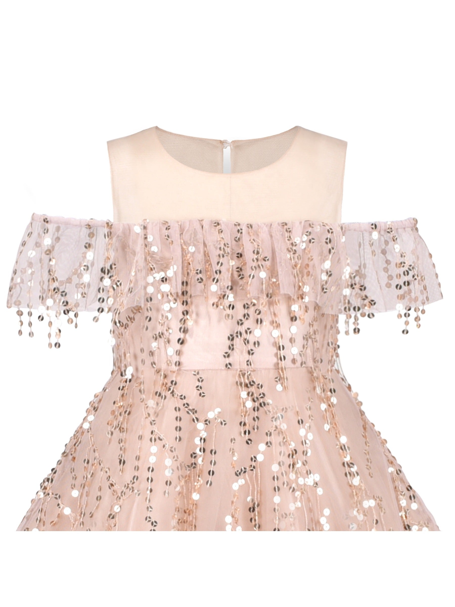 Girls Dress Cold Shoulder Sleeveless Lace Flower Ruffle Beige
