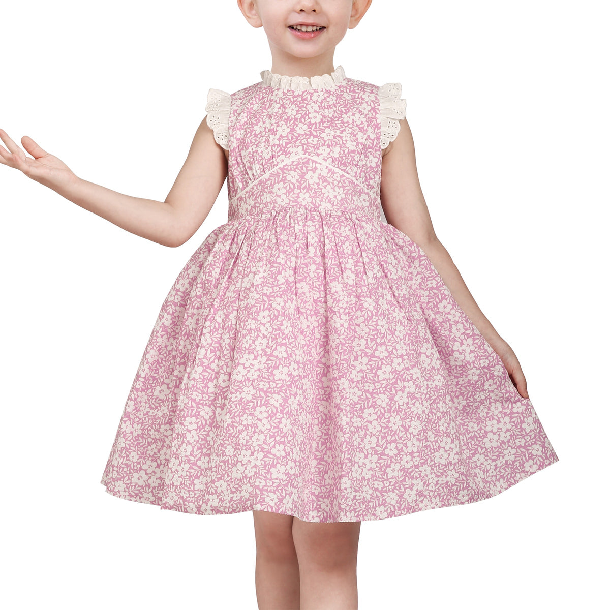 Girls Dress Blue Floral Vintage Ruffle Collar Flutter Flare Sleeve - Purple Flower
