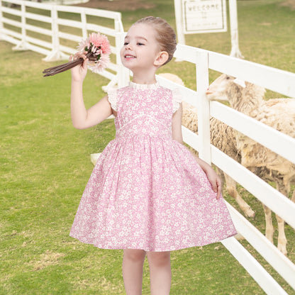 Girls Dress Blue Floral Vintage Ruffle Collar Flutter Flare Sleeve - Purple Flower