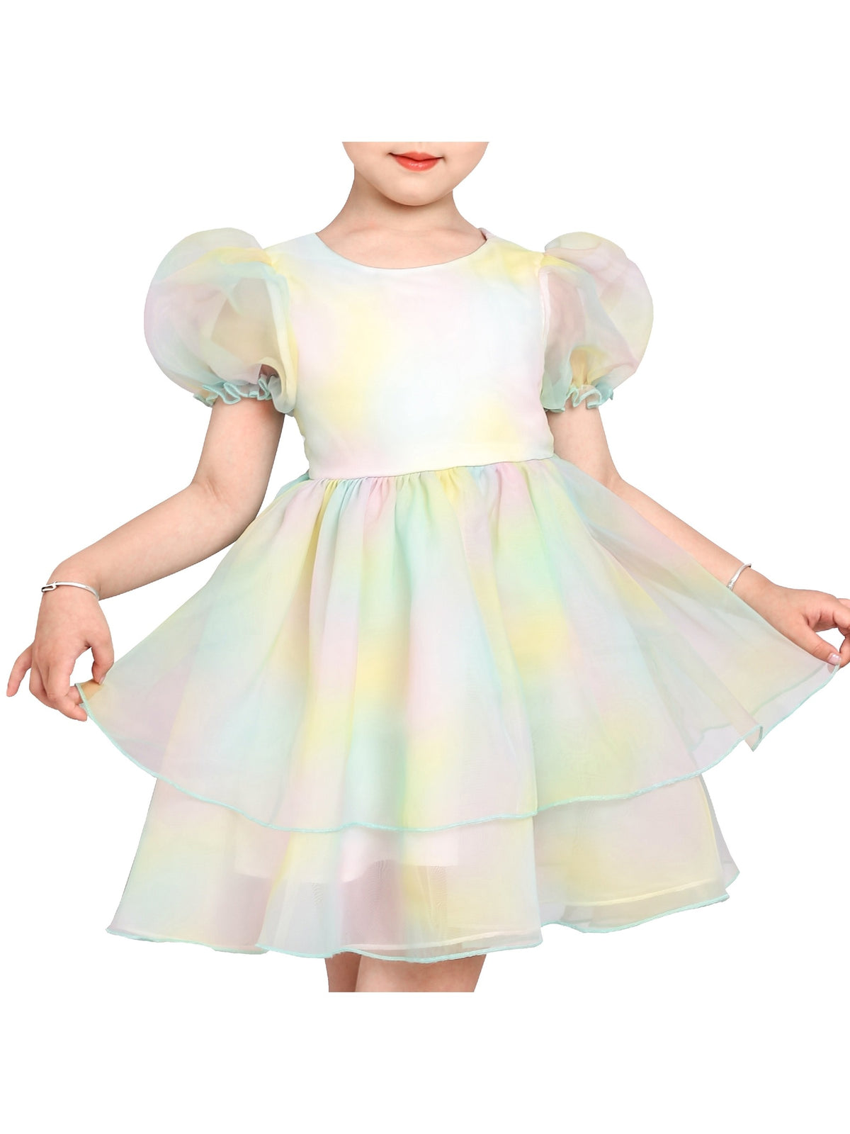 Girls Dress Sequin Shiny Rainbow Color Puffy Ruffle Bud Short Sleeve - Green