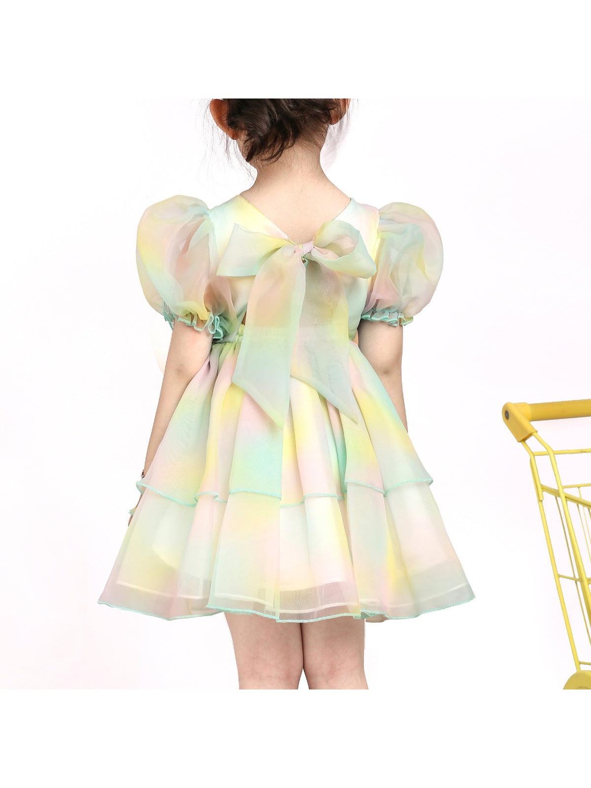 Girls Dress Sequin Shiny Rainbow Color Puffy Ruffle Bud Short Sleeve - Green