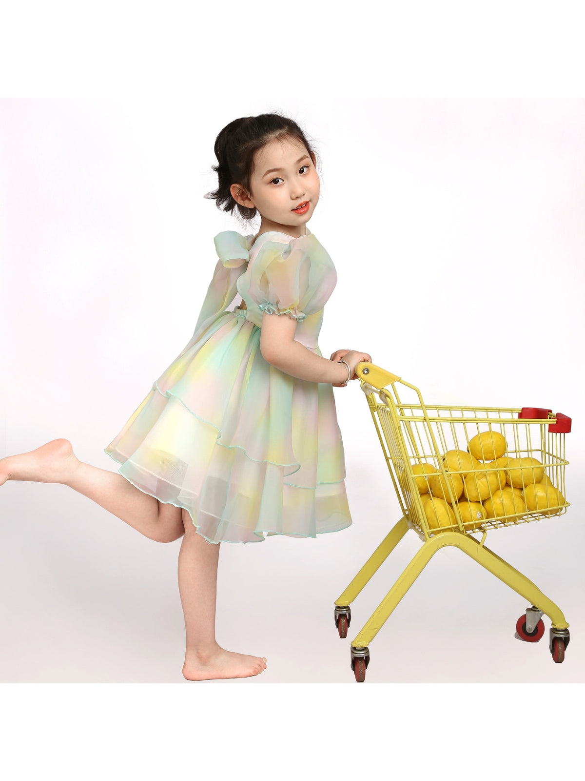 Girls Dress Sequin Shiny Rainbow Color Puffy Ruffle Bud Short Sleeve - Green