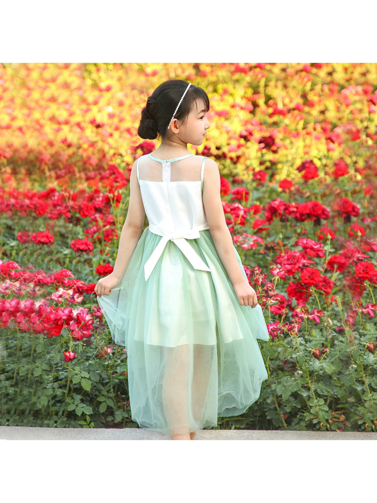 Girls Dress Sequin Mesh Party Wedding Princess Tulle Red - Light Green