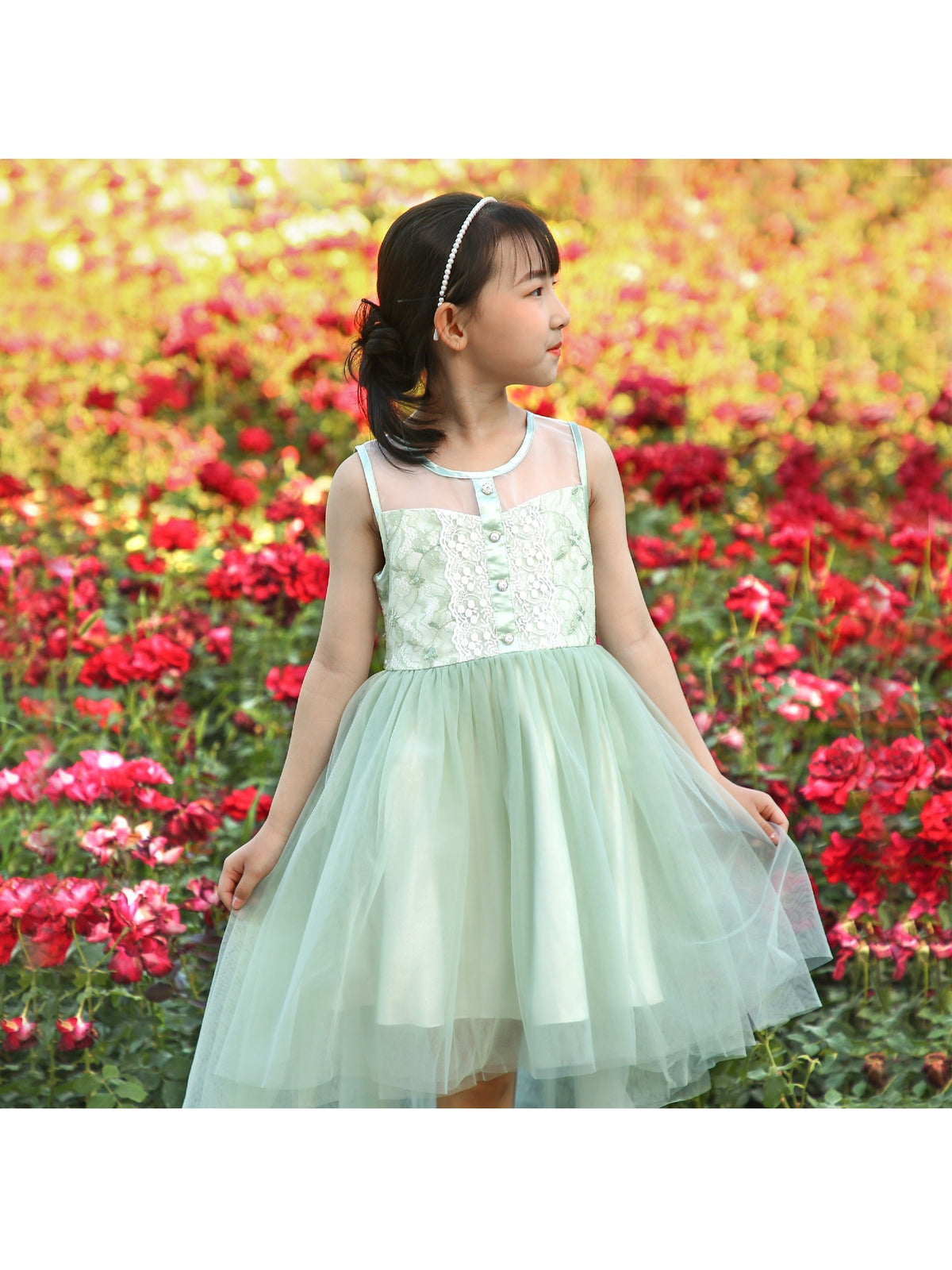 Girls Dress Sequin Mesh Party Wedding Princess Tulle Red - Light Green