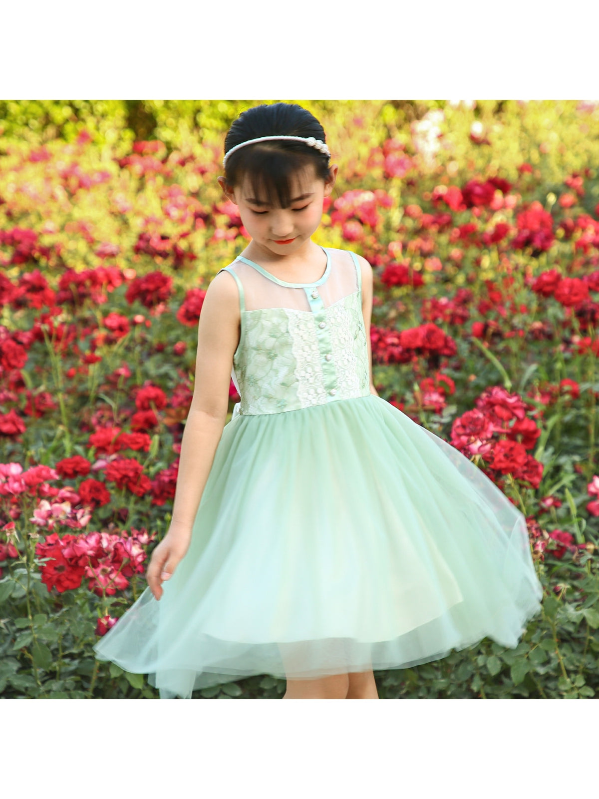 Girls Dress Sequin Mesh Party Wedding Princess Tulle Red - Light Green