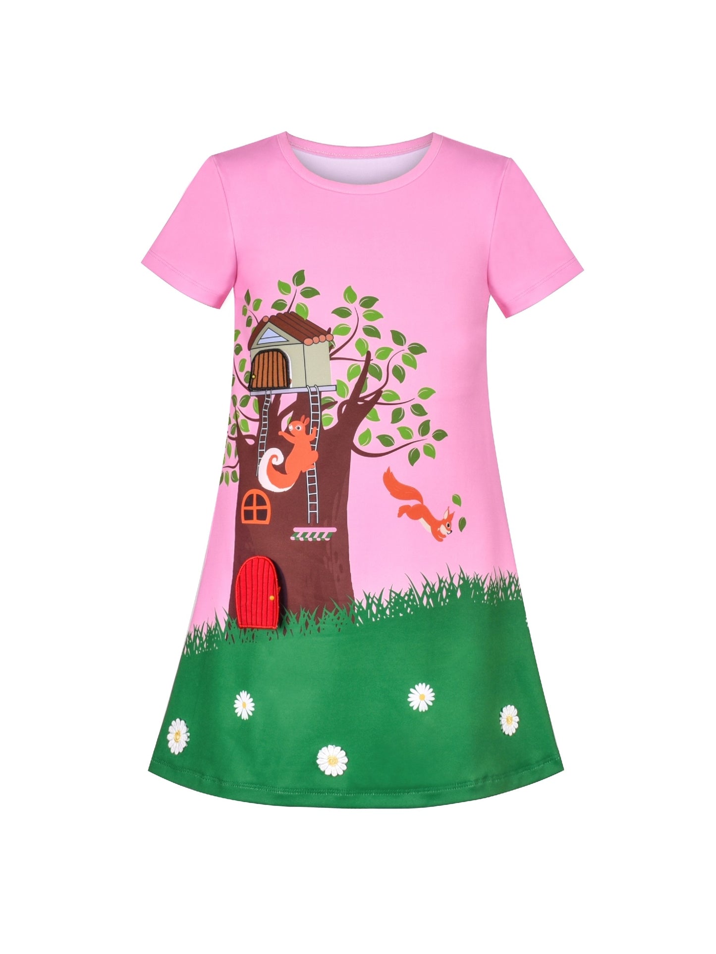 Girls Dress T-shirt Autumn Carrot Harvest Field Rabbit Dog Short Sleeve Pink