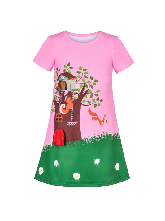 Girls Dress T-shirt Autumn Carrot Harvest Field Rabbit Dog Short Sleeve Pink