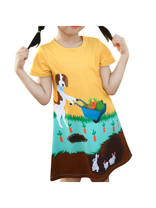 Girls Dress T-shirt Autumn Carrot Harvest Field Rabbit Dog Short Sleeve Yellow