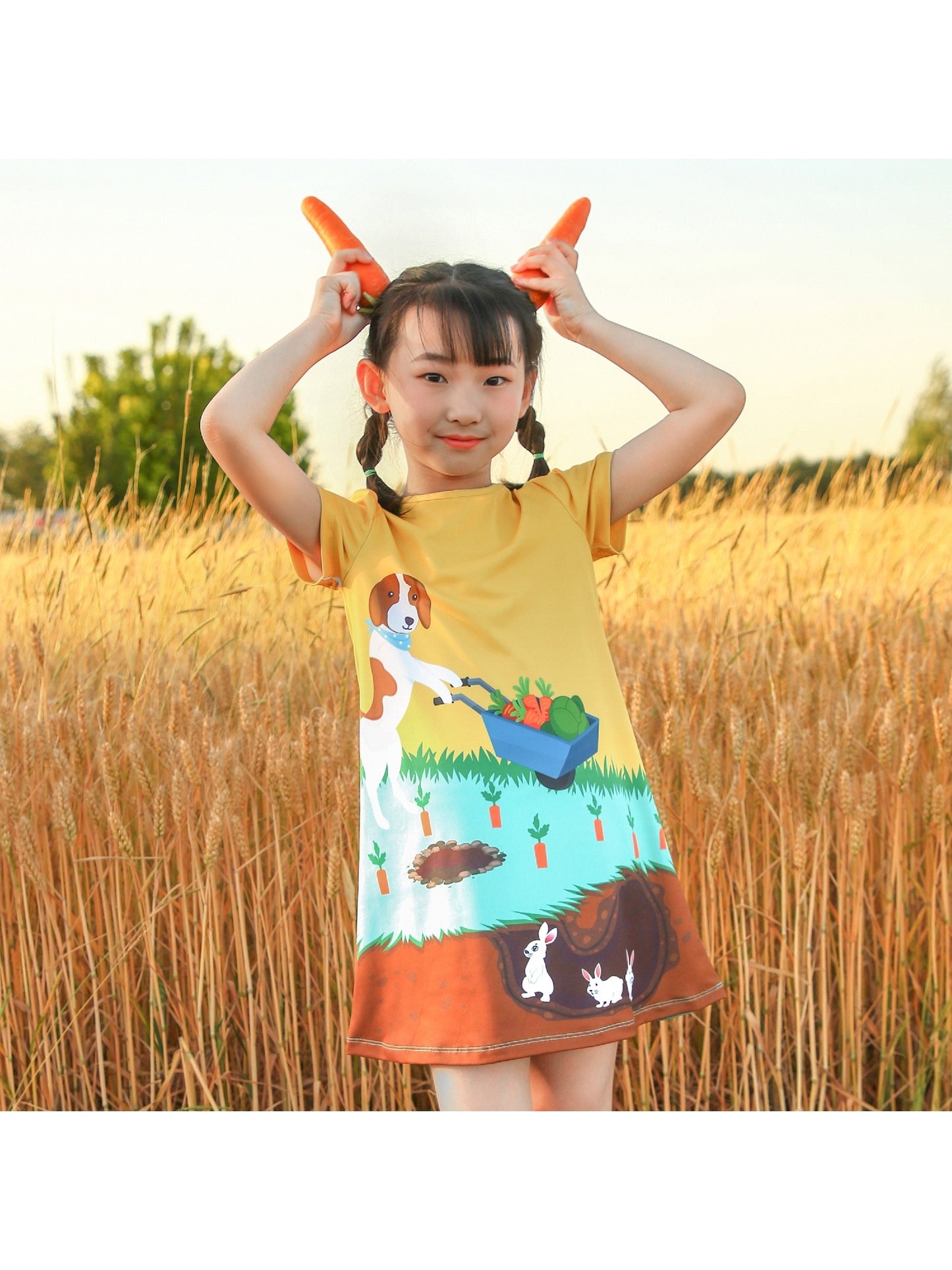 Girls Dress T-shirt Autumn Carrot Harvest Field Rabbit Dog Short Sleeve Yellow