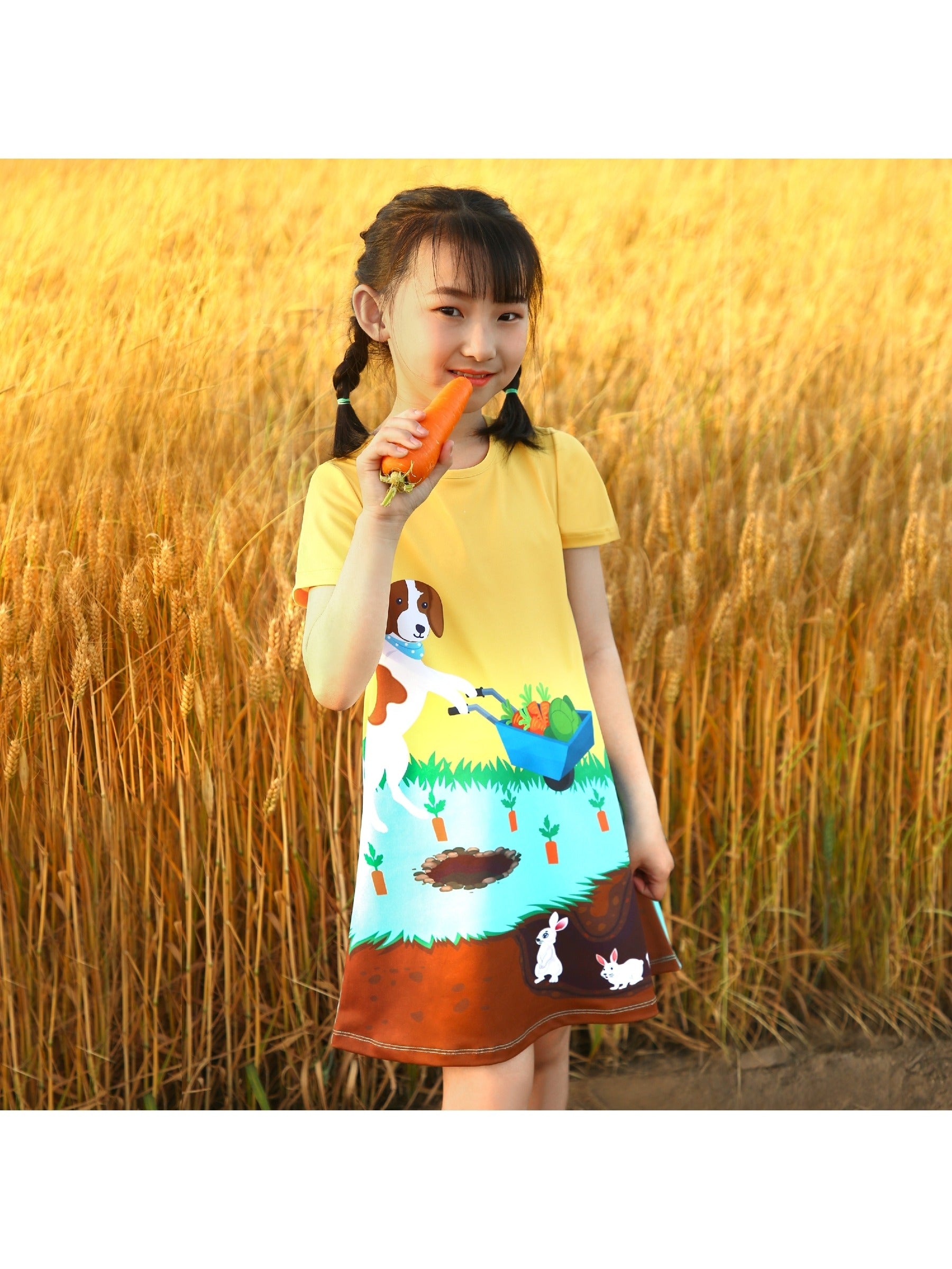 Girls Dress T-shirt Autumn Carrot Harvest Field Rabbit Dog Short Sleeve Yellow