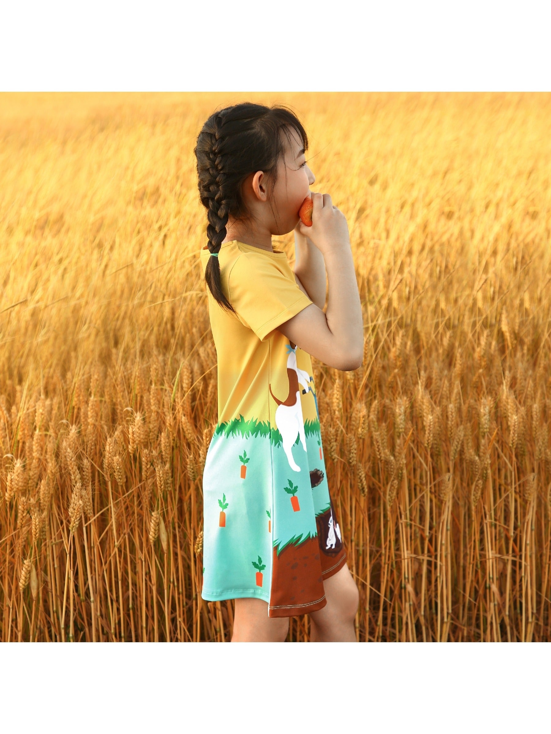 Girls Dress T-shirt Autumn Carrot Harvest Field Rabbit Dog Short Sleeve Yellow