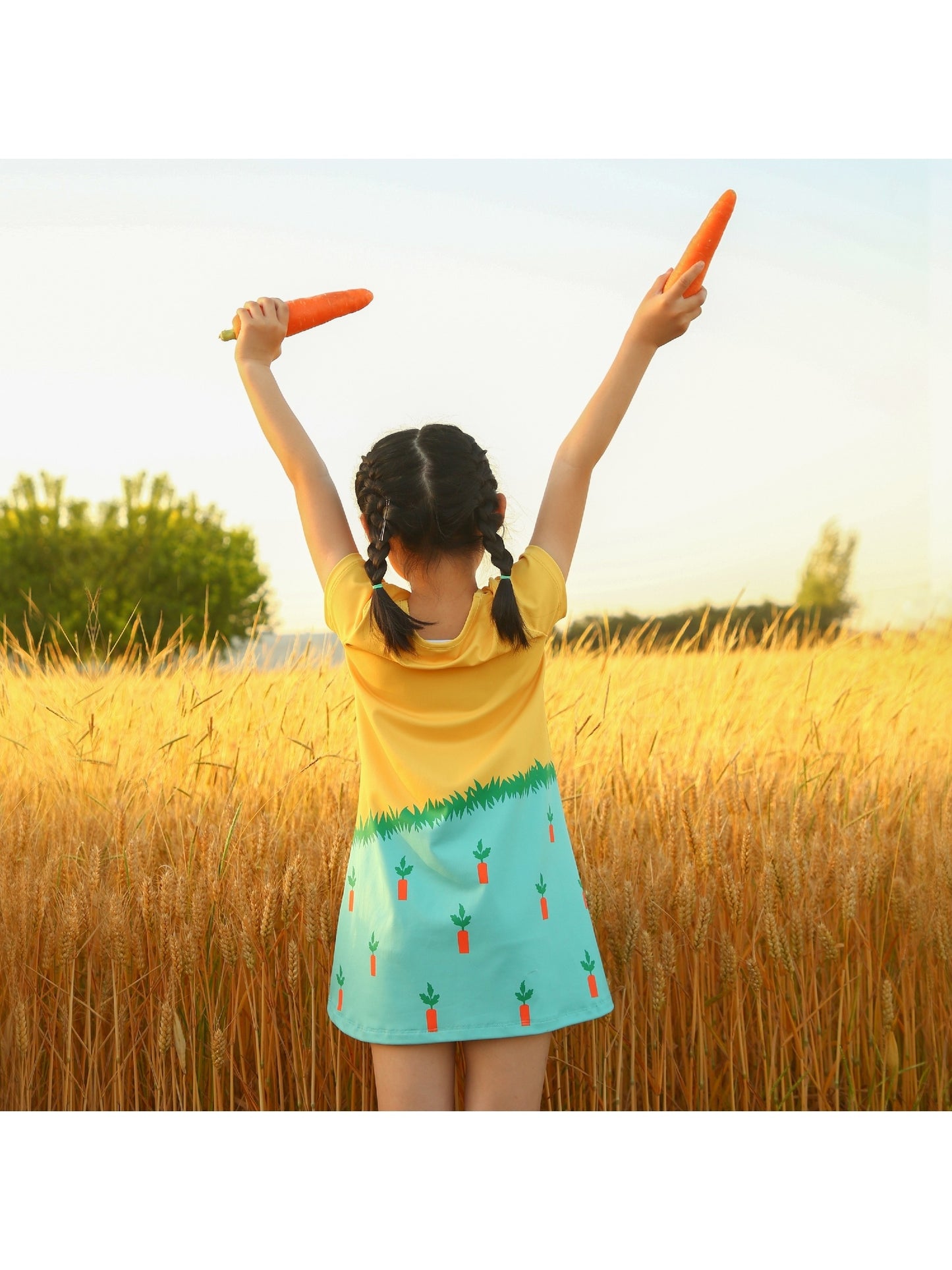 Girls Dress T-shirt Autumn Carrot Harvest Field Rabbit Dog Short Sleeve Yellow