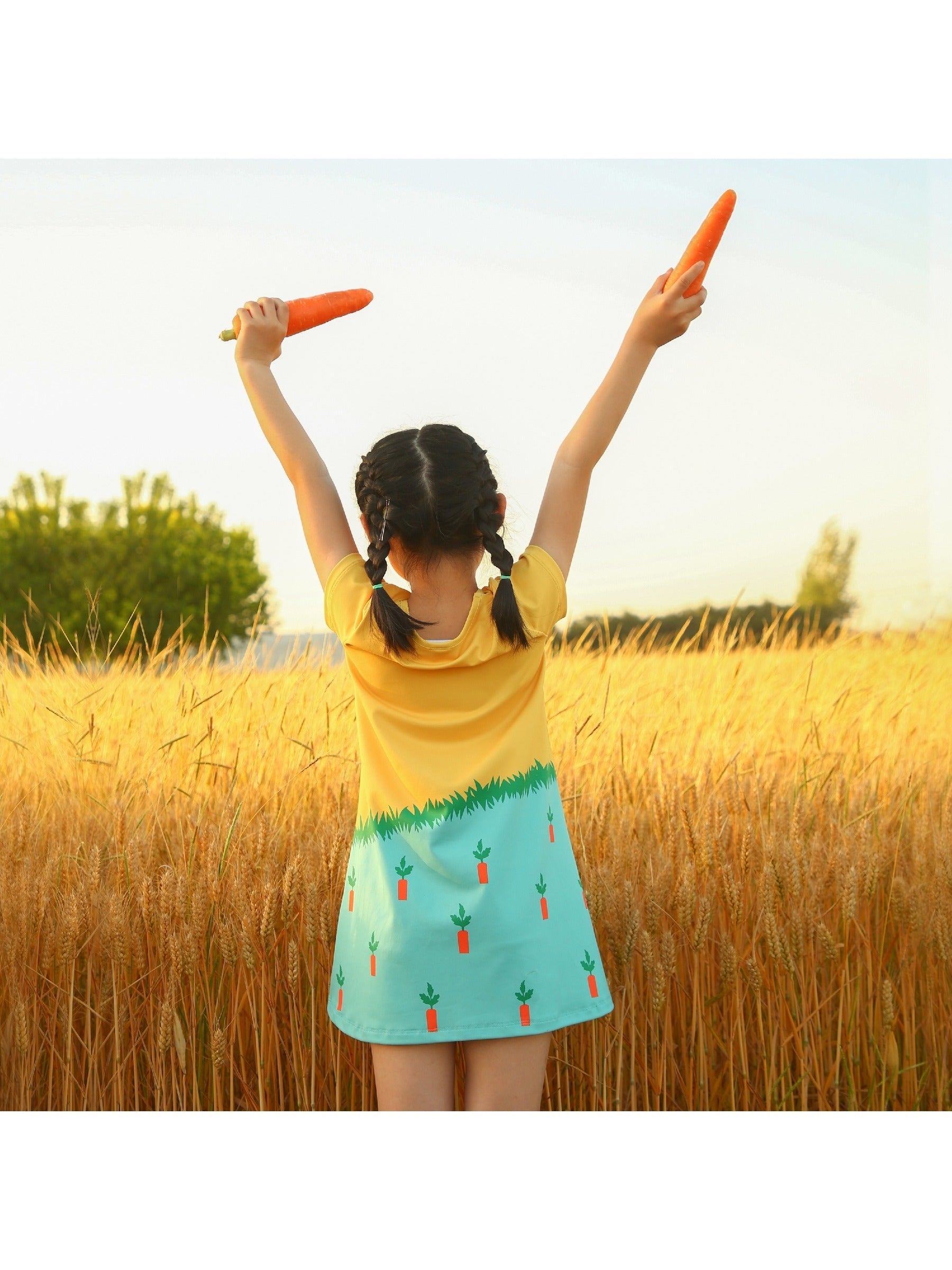 Girls Dress T-shirt Autumn Carrot Harvest Field Rabbit Dog Short Sleeve Yellow