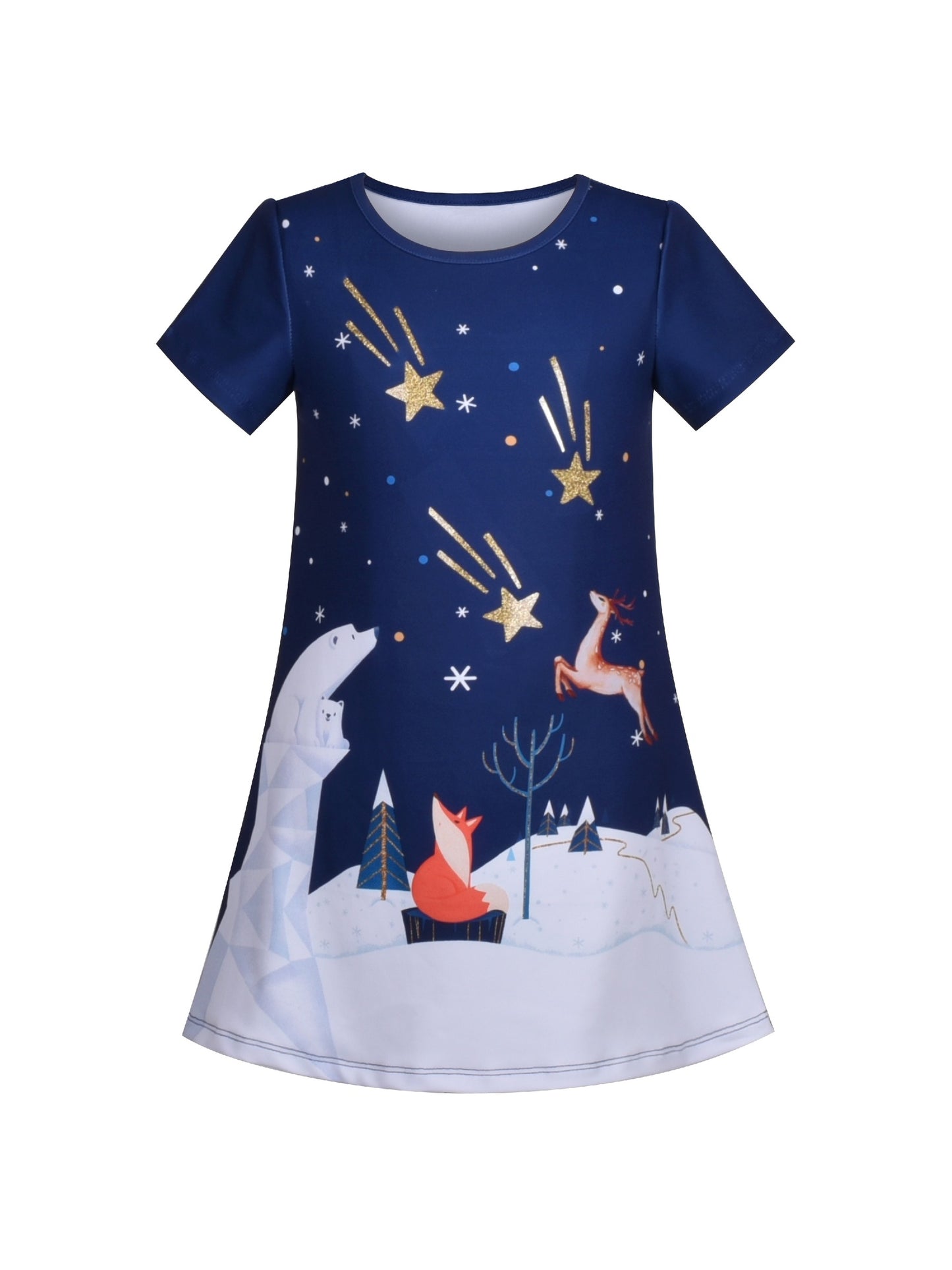 Girls Dress T-shirt Autumn Carrot Harvest Field Rabbit Dog Short Sleeve Blue