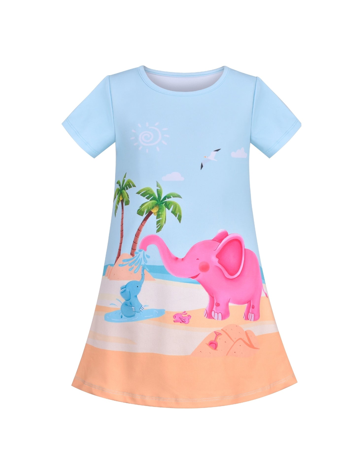 Girls Dress T-shirt Autumn Carrot Harvest Field Rabbit Dog Short Sleeve Blue