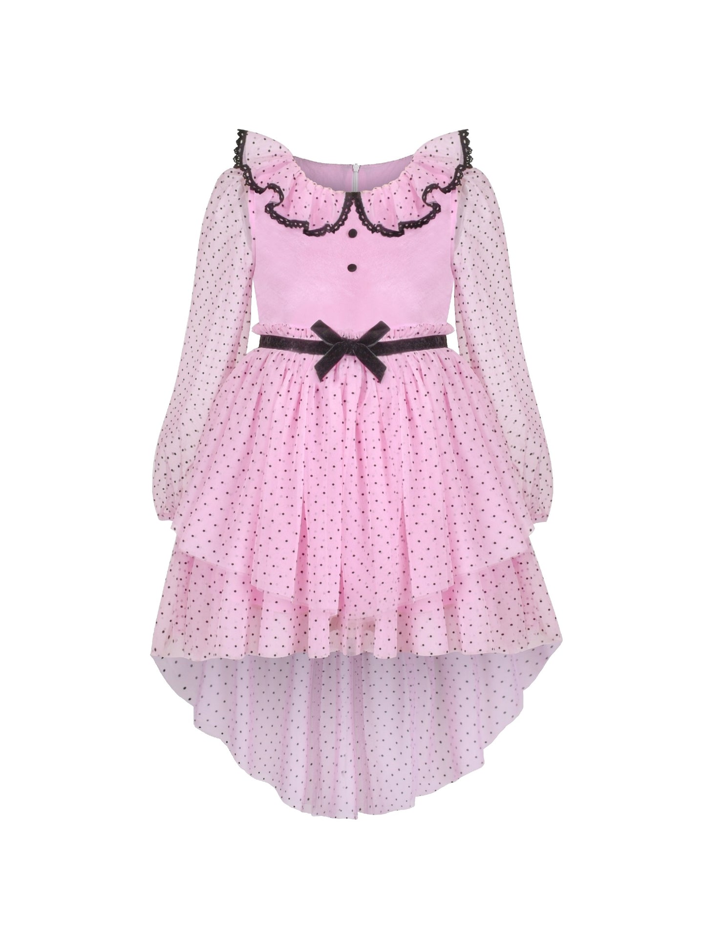 Girls Dress Pink Polka Dot Lace Ruffle Velvet Hi-lo Skirt Bubble Long Sleeve Pink
