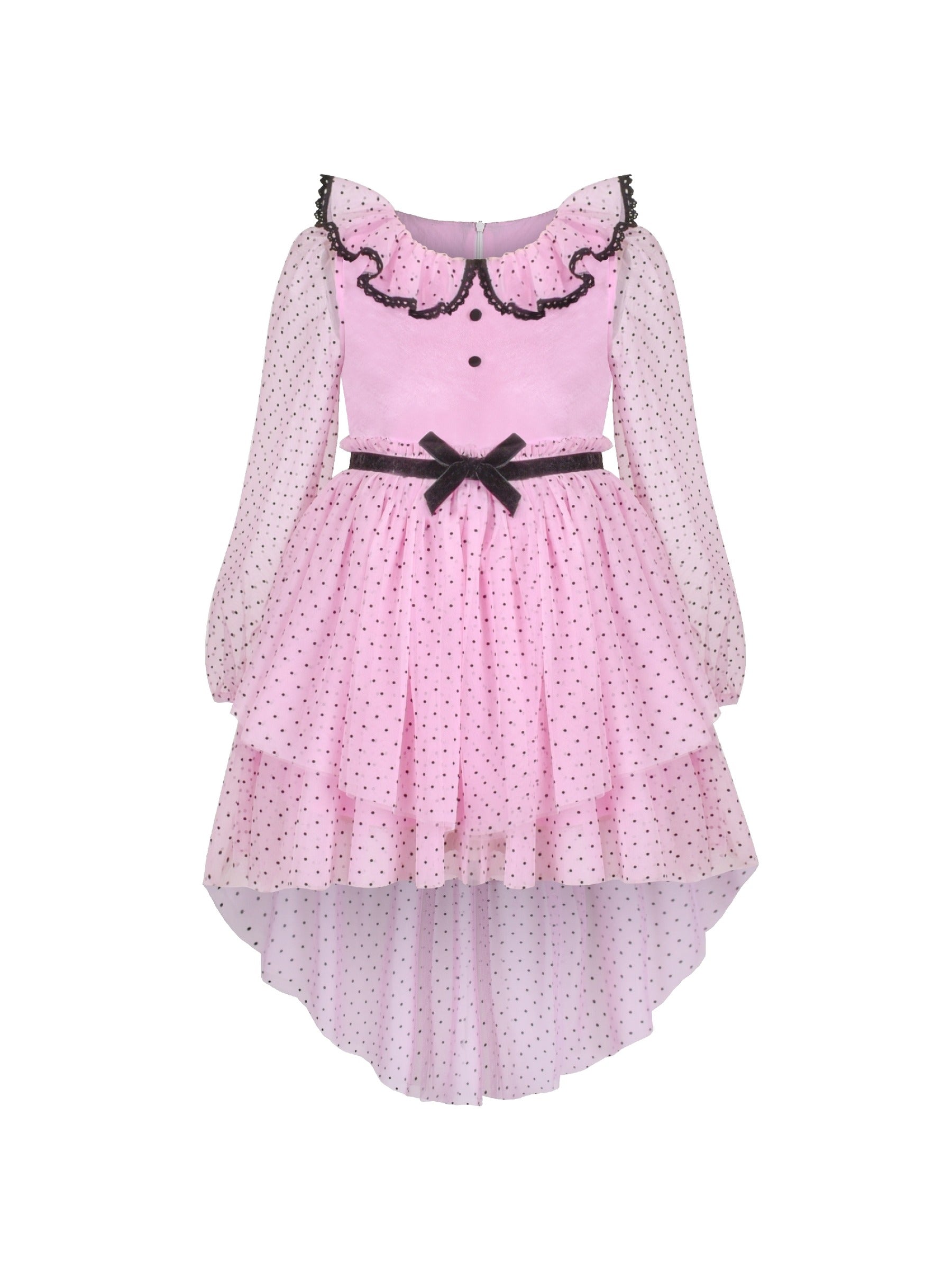 Girls Dress Pink Polka Dot Lace Ruffle Velvet Hi-lo Skirt Bubble Long Sleeve Pink