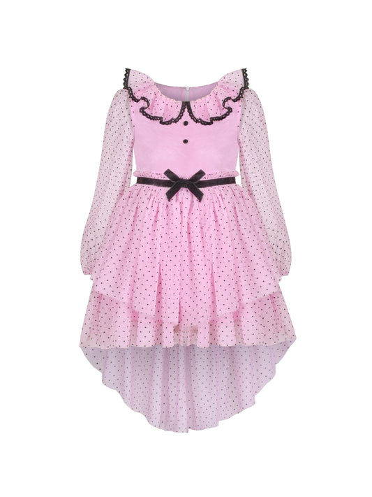 Girls Dress Pink Polka Dot Lace Ruffle Velvet Hi-lo Skirt Bubble Long Sleeve Pink