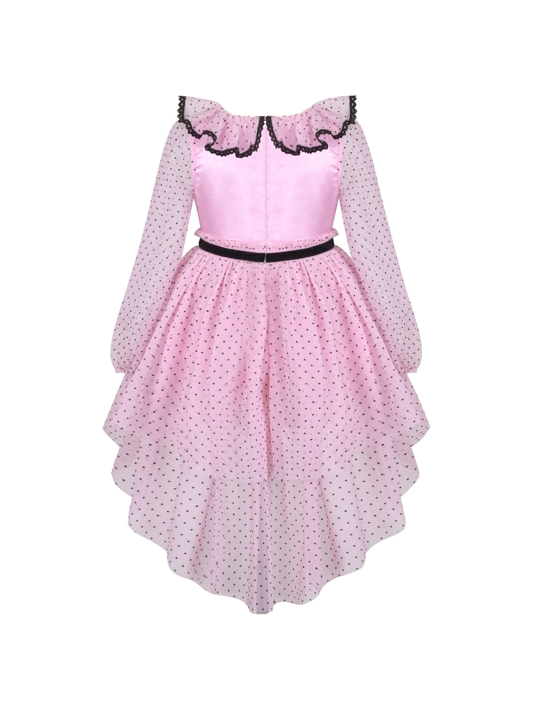 Girls Dress Pink Polka Dot Lace Ruffle Velvet Hi-lo Skirt Bubble Long Sleeve Pink