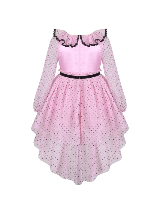 Girls Dress Pink Polka Dot Lace Ruffle Velvet Hi-lo Skirt Bubble Long Sleeve Pink