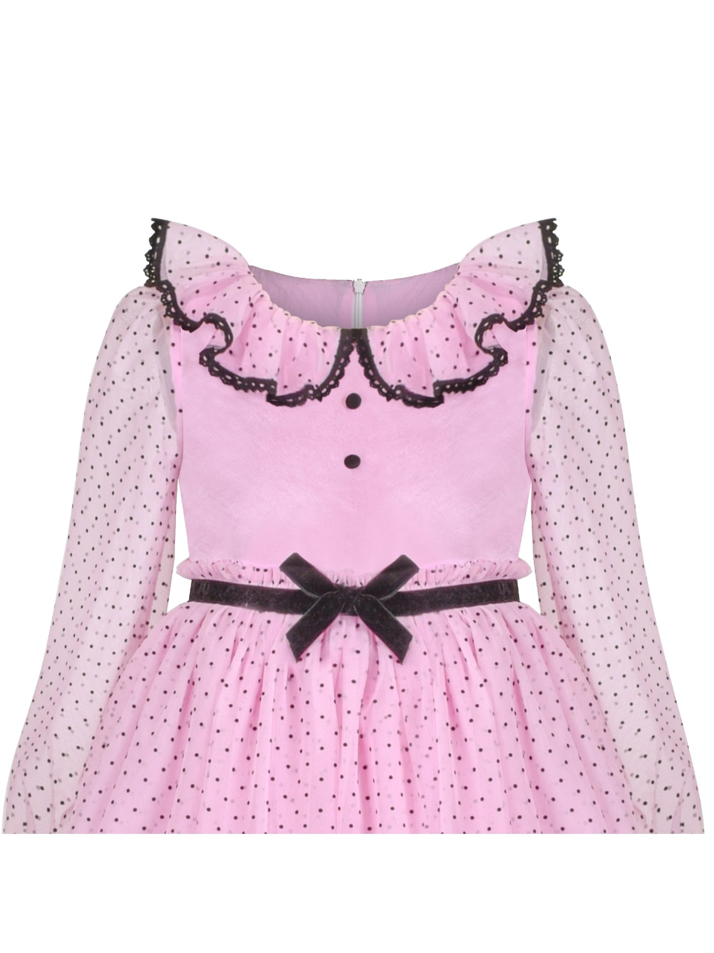 Girls Dress Pink Polka Dot Lace Ruffle Velvet Hi-lo Skirt Bubble Long Sleeve Pink