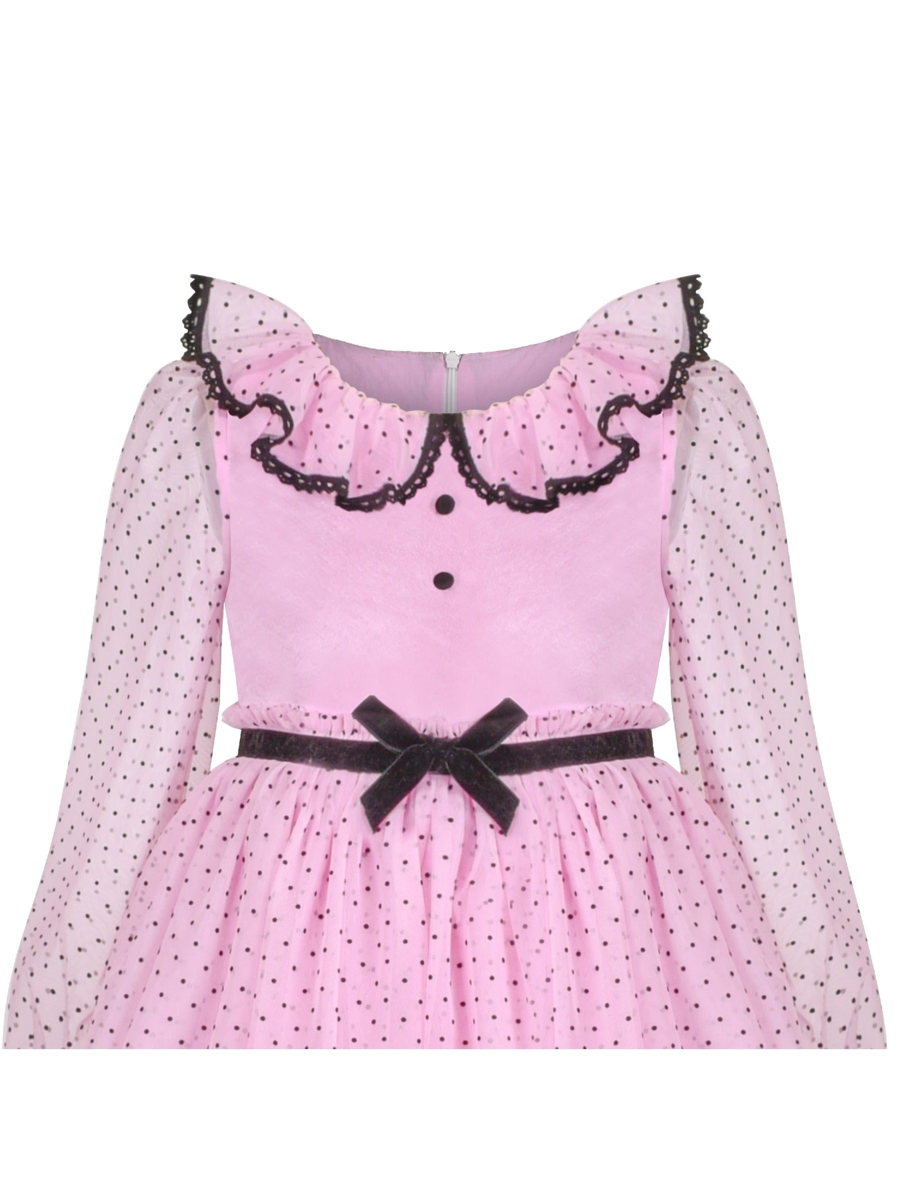 Girls Dress Pink Polka Dot Lace Ruffle Velvet Hi-lo Skirt Bubble Long Sleeve Pink