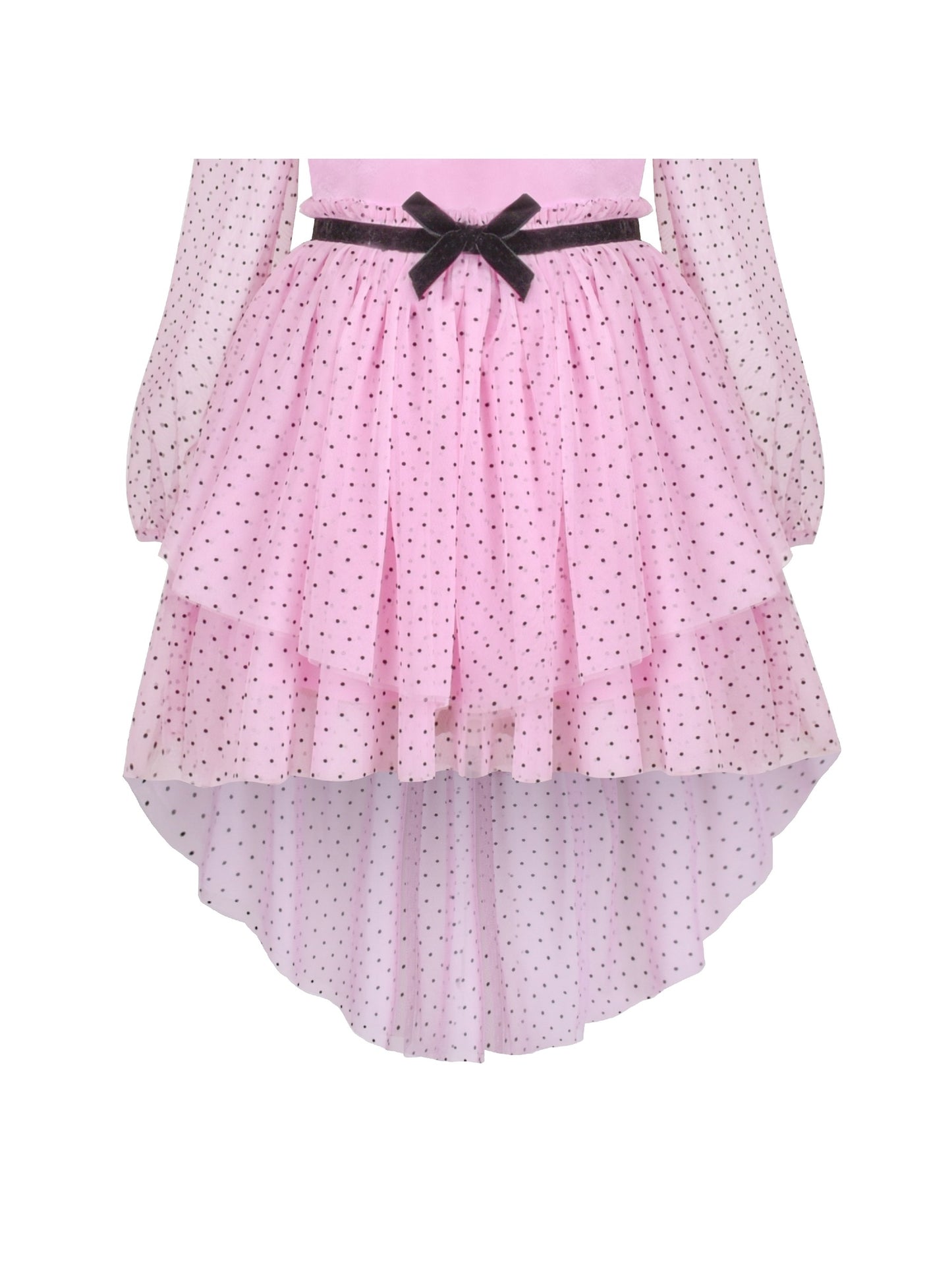 Girls Dress Pink Polka Dot Lace Ruffle Velvet Hi-lo Skirt Bubble Long Sleeve Pink