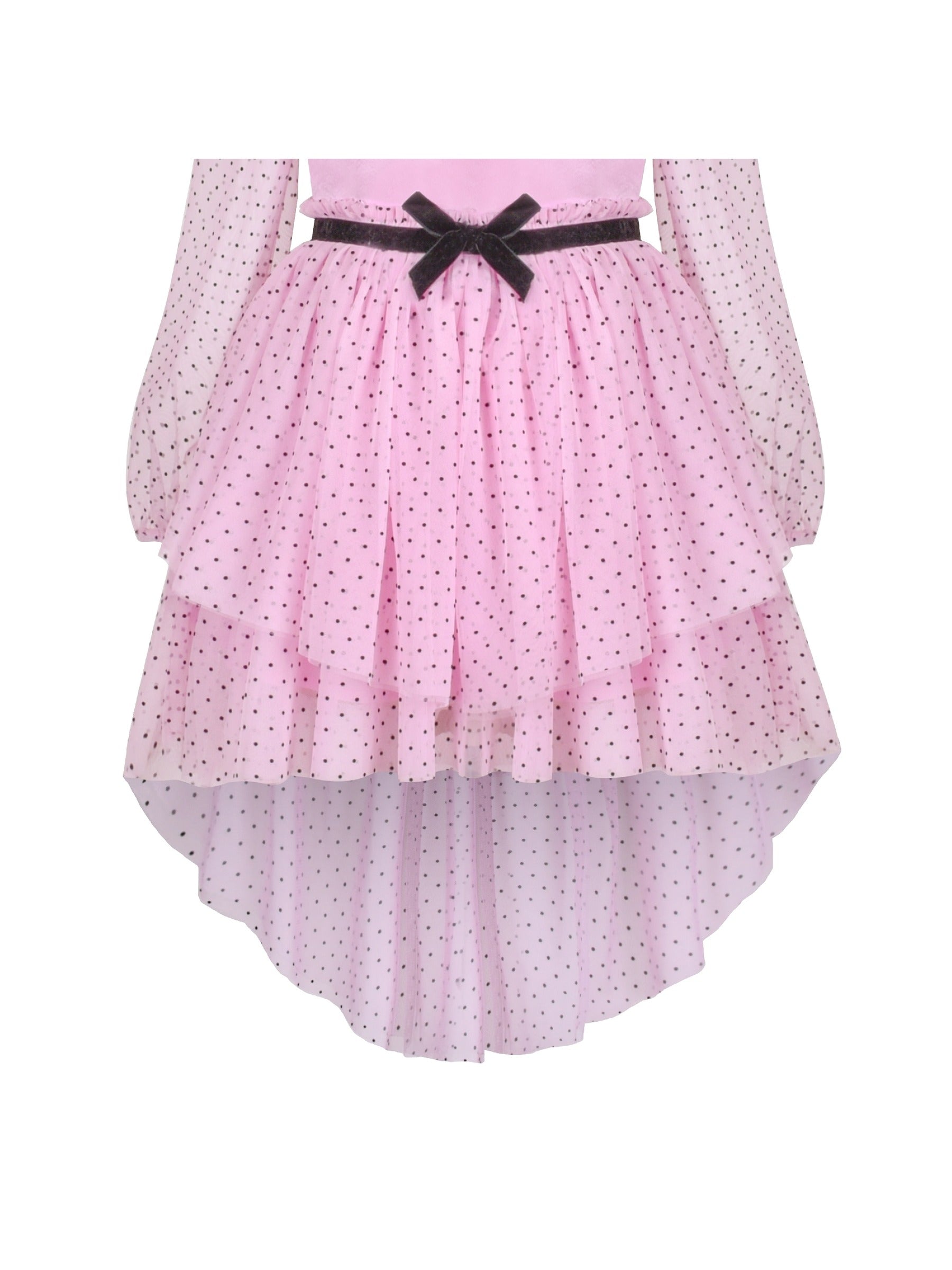 Girls Dress Pink Polka Dot Lace Ruffle Velvet Hi-lo Skirt Bubble Long Sleeve Pink
