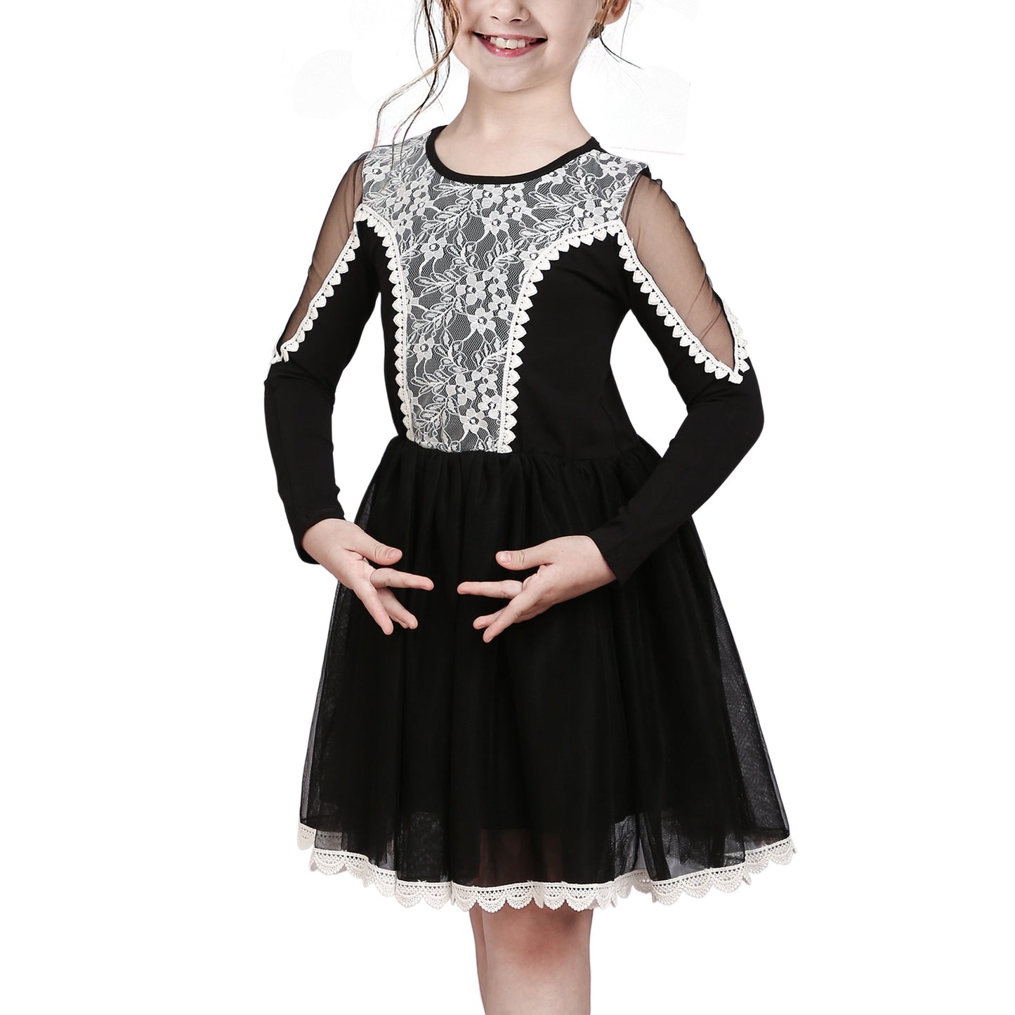 Girls Dress Long Sleeve Tutu Skirt Bow Tie Party Black