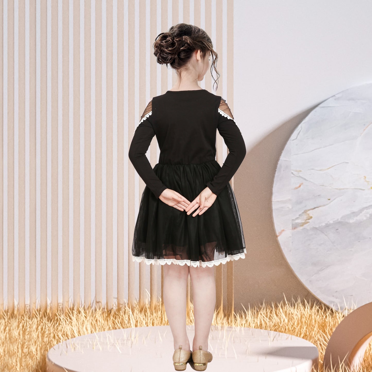 Girls Dress Long Sleeve Tutu Skirt Bow Tie Party Black