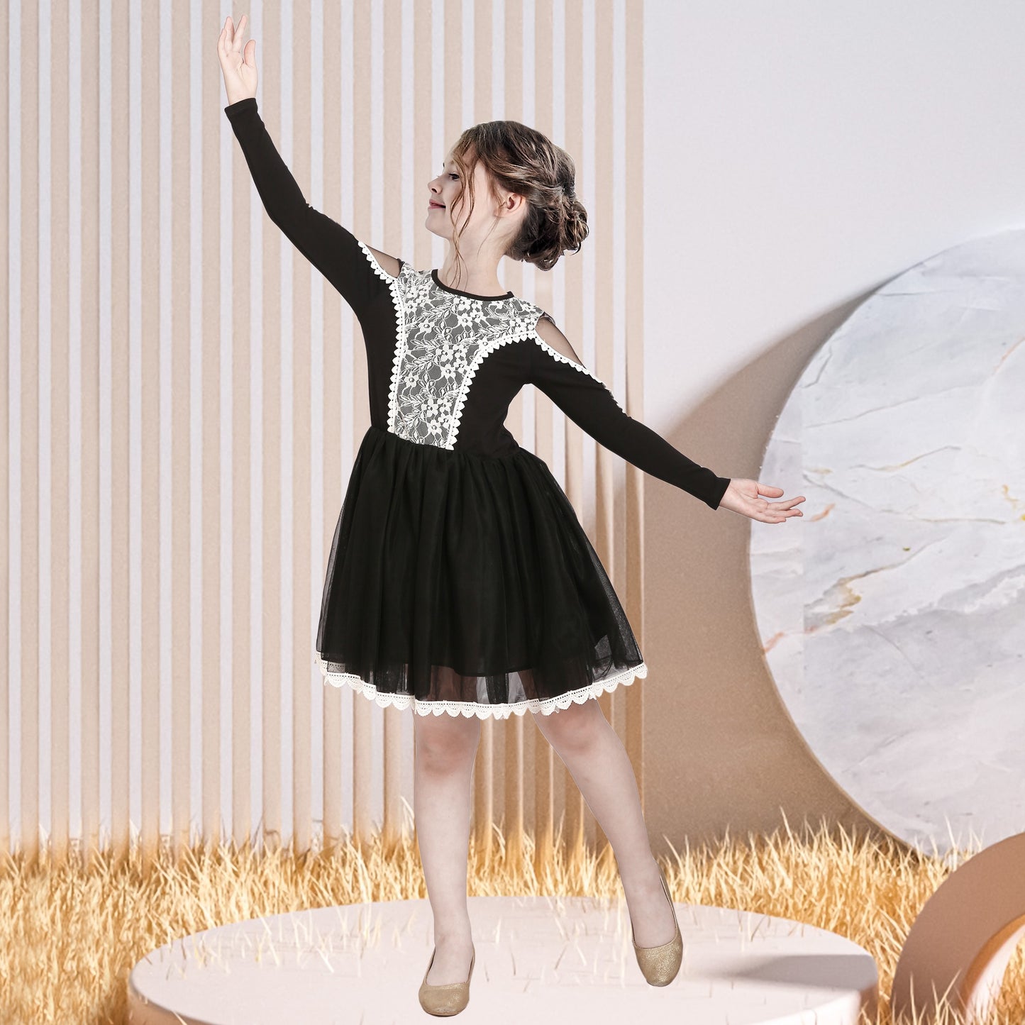 Girls Dress Long Sleeve Tutu Skirt Bow Tie Party Black