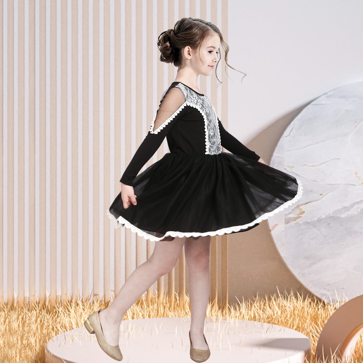 Girls Dress Long Sleeve Tutu Skirt Bow Tie Party Black