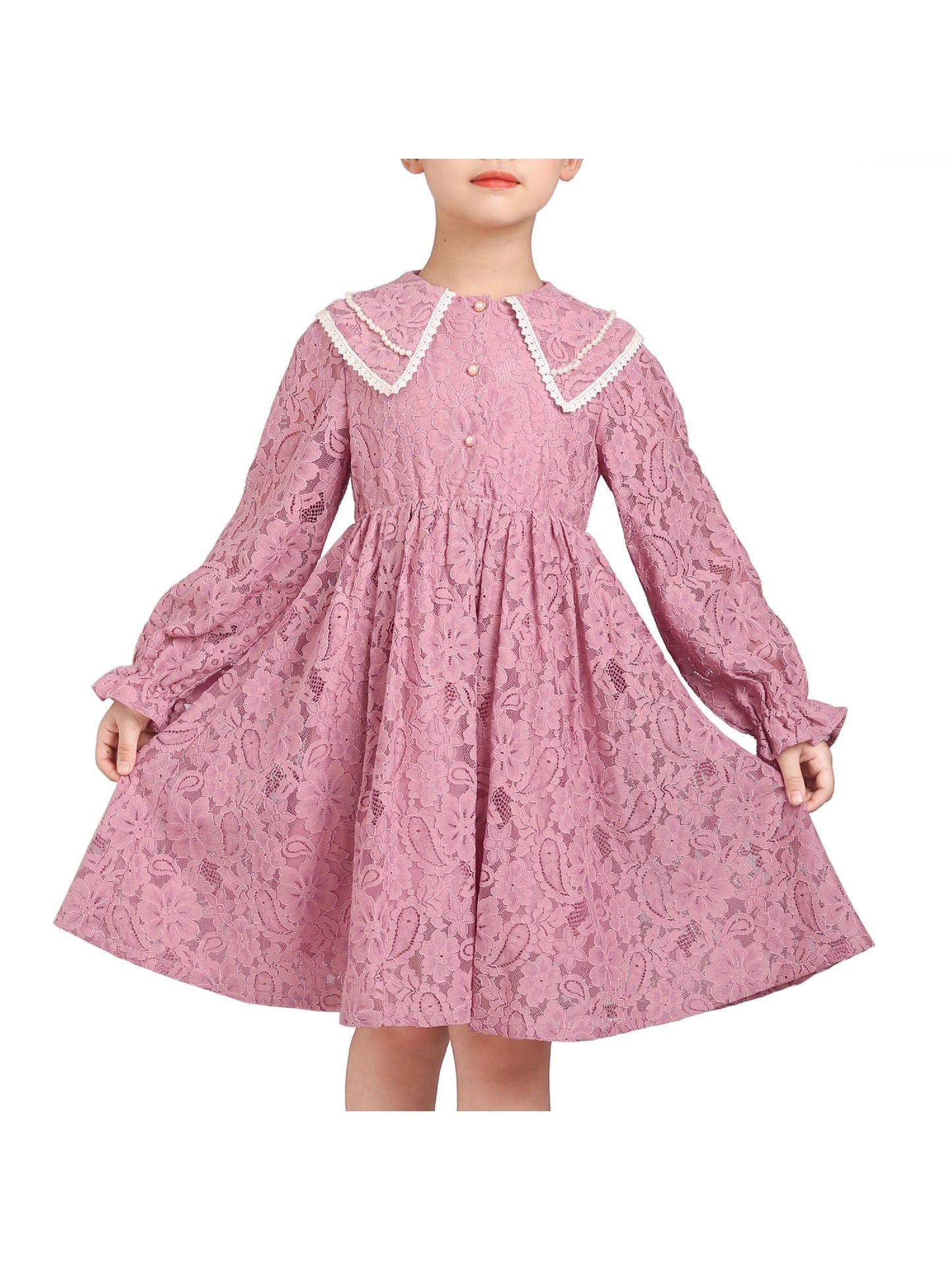 Girls Dress Flower Lace White Collar Skirt Dress Pink