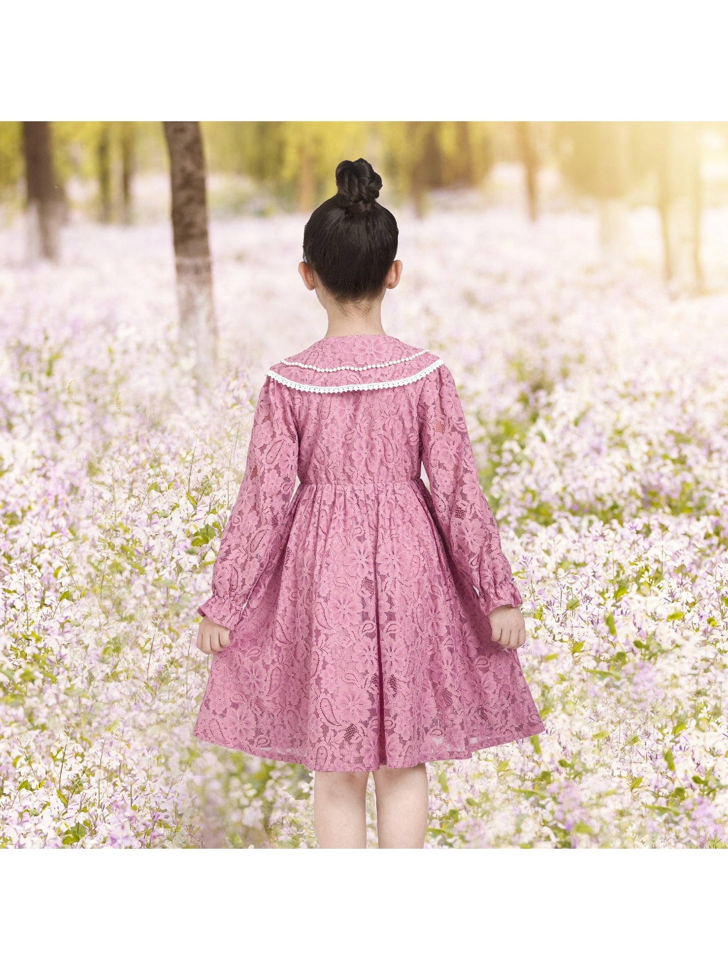 Girls Dress Flower Lace White Collar Skirt Dress Pink