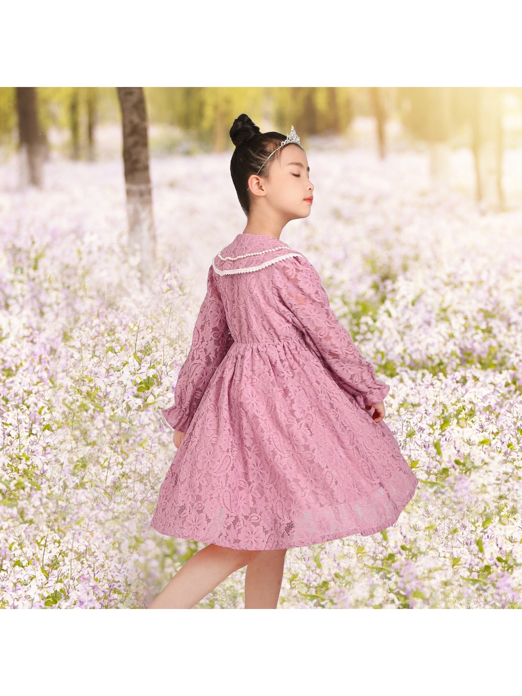 Girls Dress Flower Lace White Collar Skirt Dress Pink