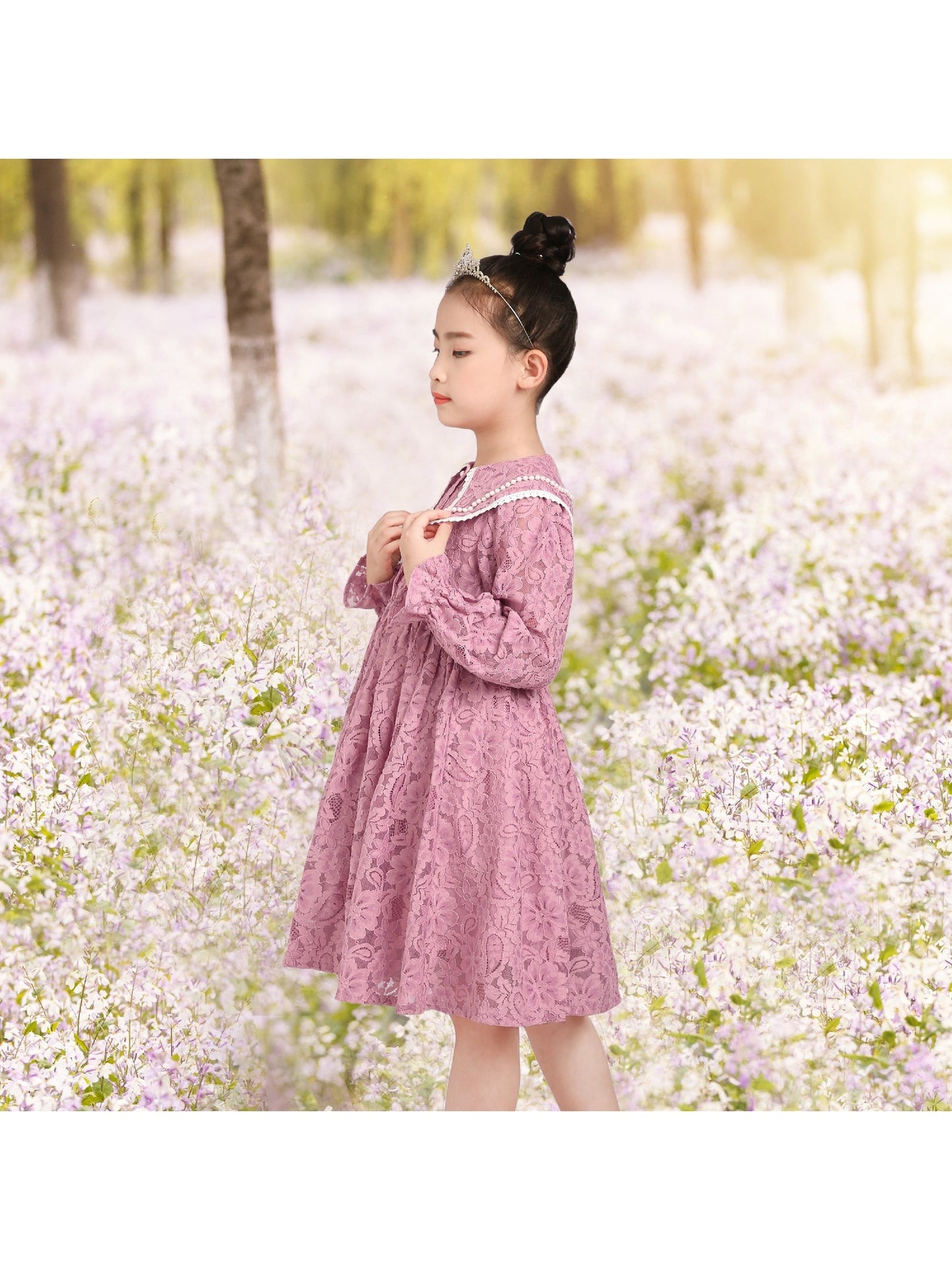 Girls Dress Flower Lace White Collar Skirt Dress Pink