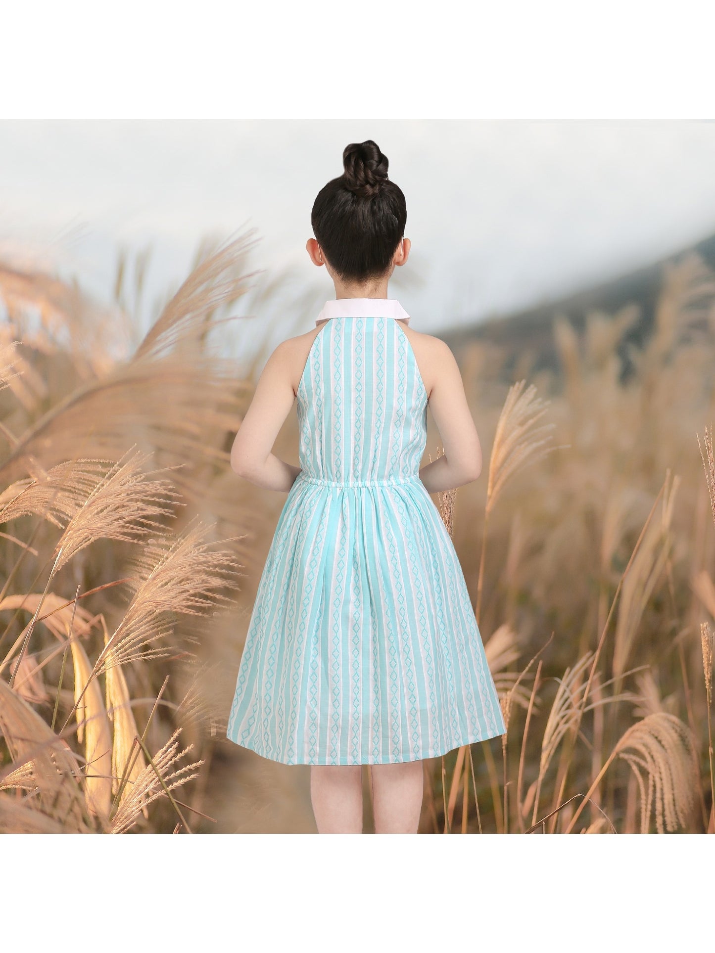 Girls Dress Transparent Shoulder Checkered Plaid Hot Pink Party Sundress Blue