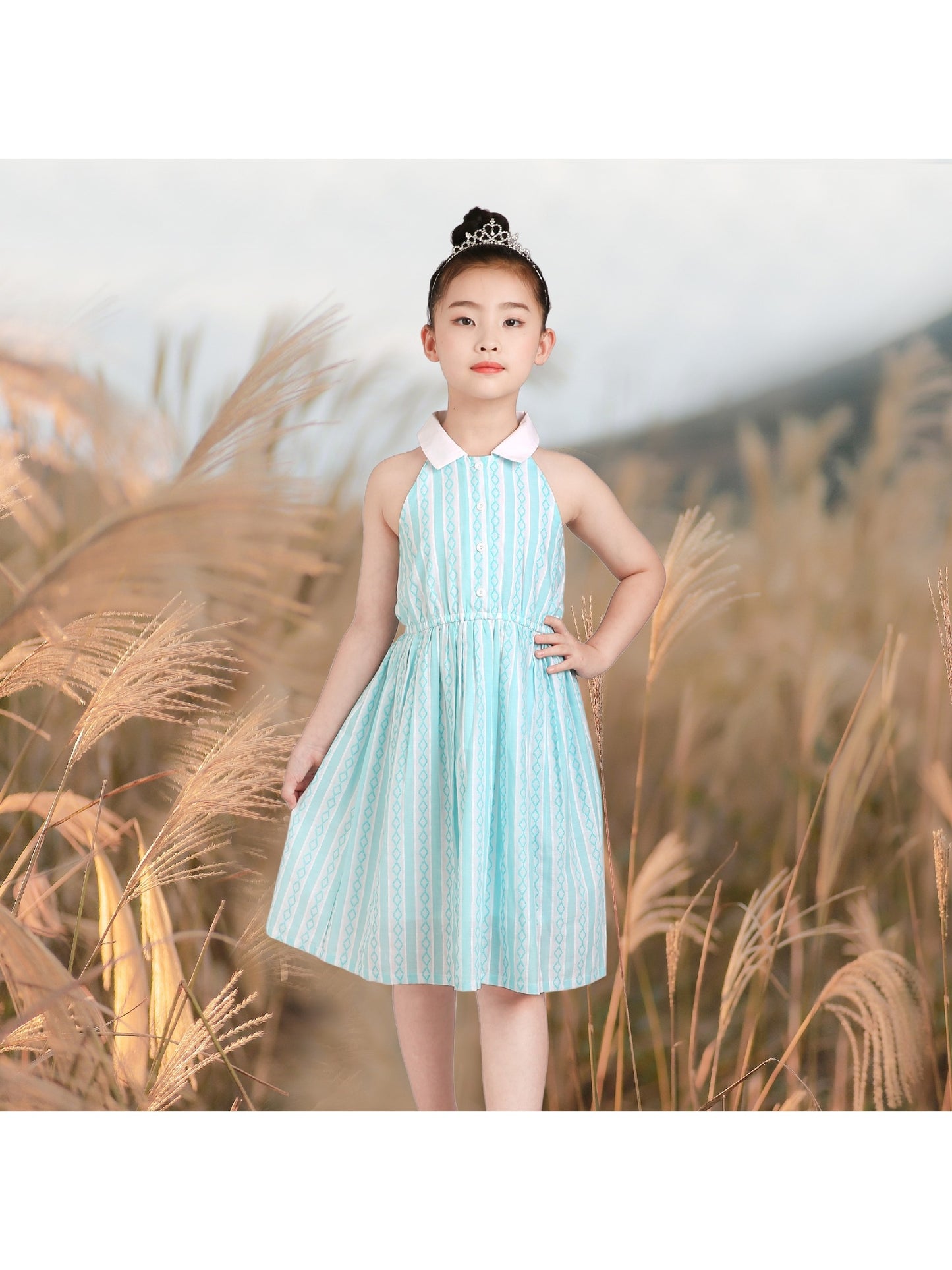 Girls Dress Transparent Shoulder Checkered Plaid Hot Pink Party Sundress Blue