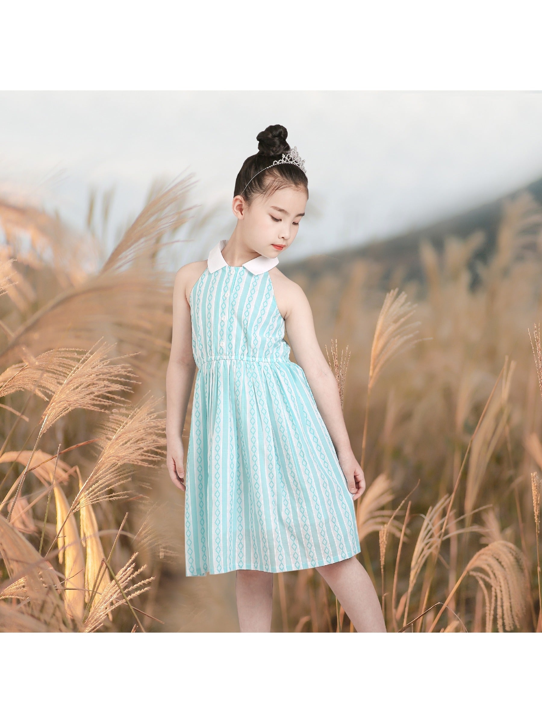 Girls Dress Transparent Shoulder Checkered Plaid Hot Pink Party Sundress Blue