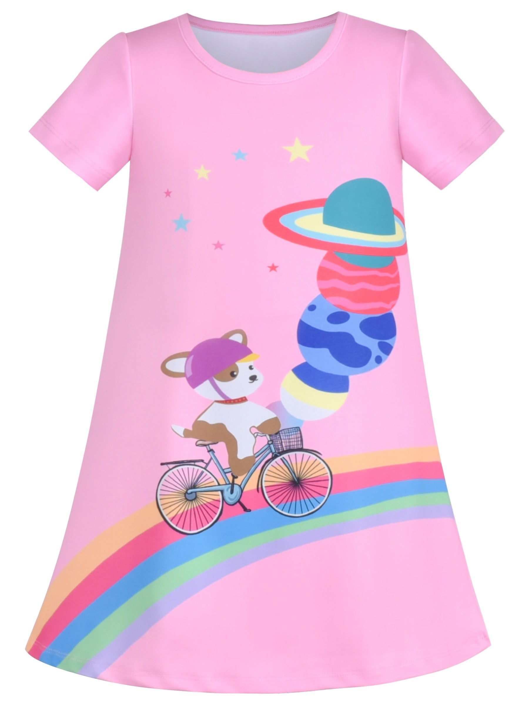 Girls Dress T-shirt Autumn Carrot Harvest Field Rabbit Dog Short Sleeve Pink