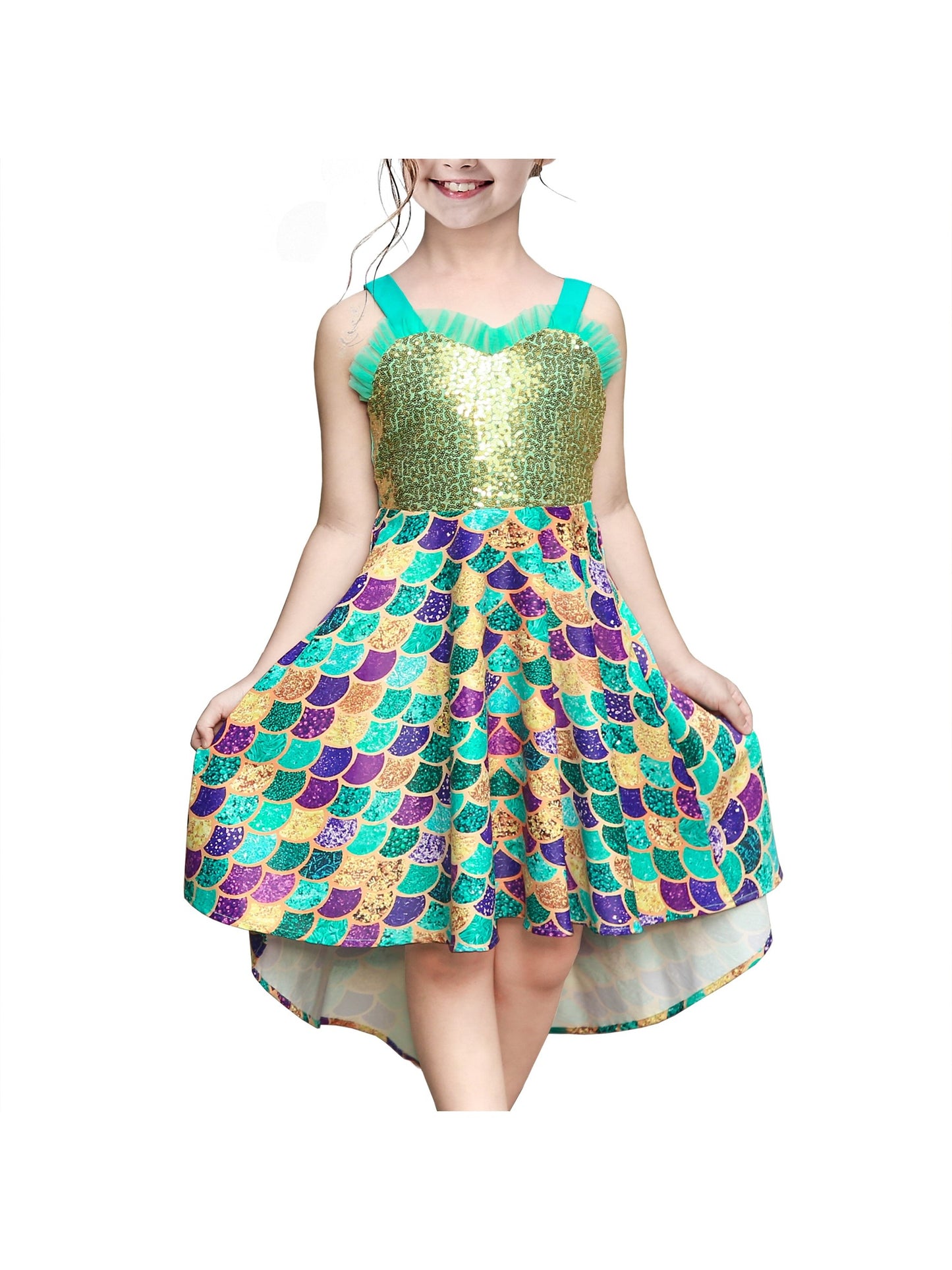 Girls Dress Mermaid Sequin Fish Scale Hi-lo Skirt Pretend Ruffle Sleeveless Green